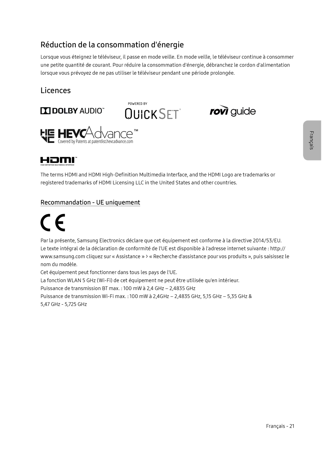 Samsung QE65Q7FNATXXH, QE75Q7FNATXXH, QE55Q7FNATXXH Réduction de la consommation dénergie, Recommandation UE uniquement 