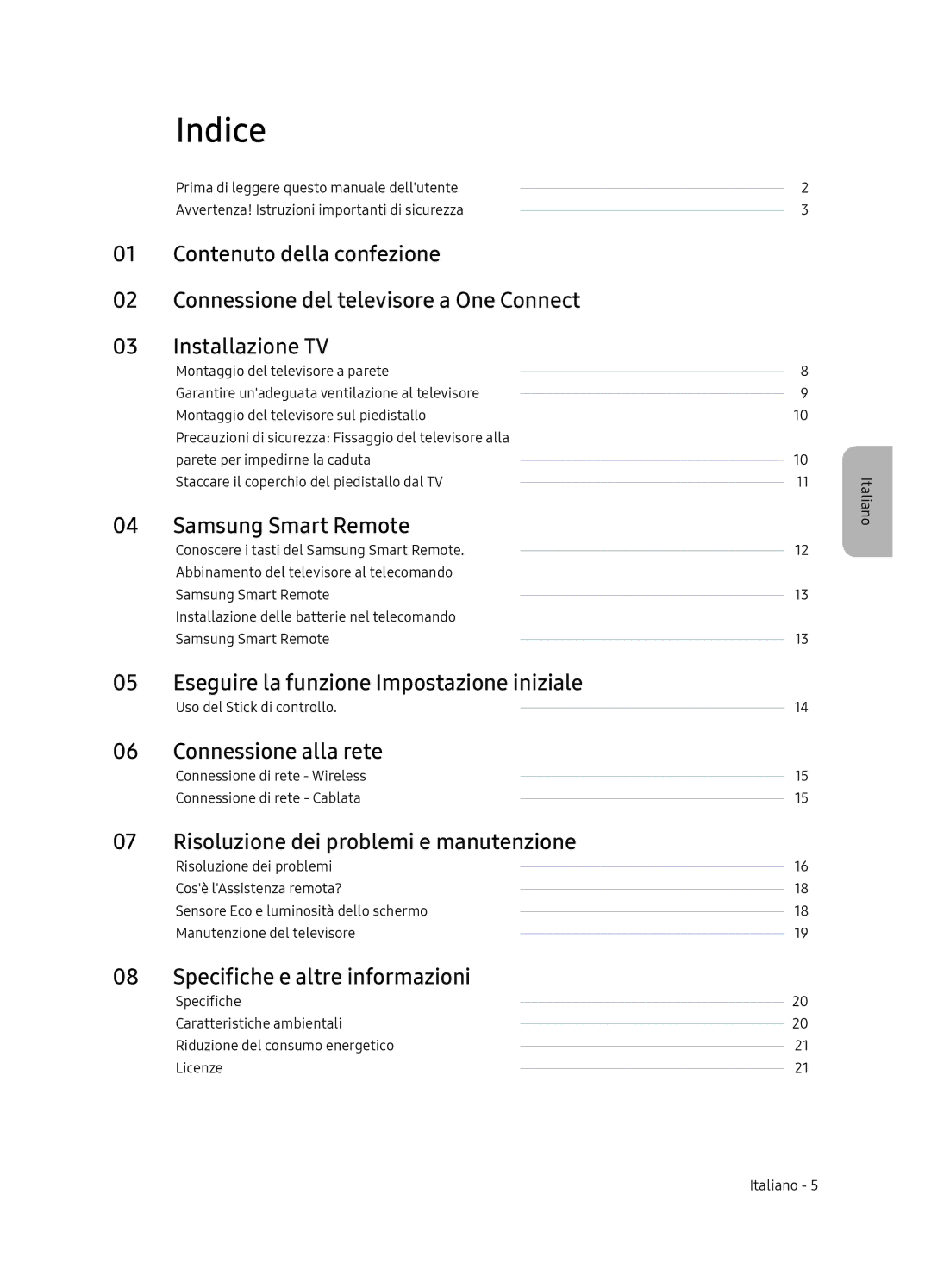 Samsung QE65Q7FNATXXH, QE75Q7FNATXXH manual Indice, Eseguire la funzione Impostazione iniziale, Connessione alla rete 