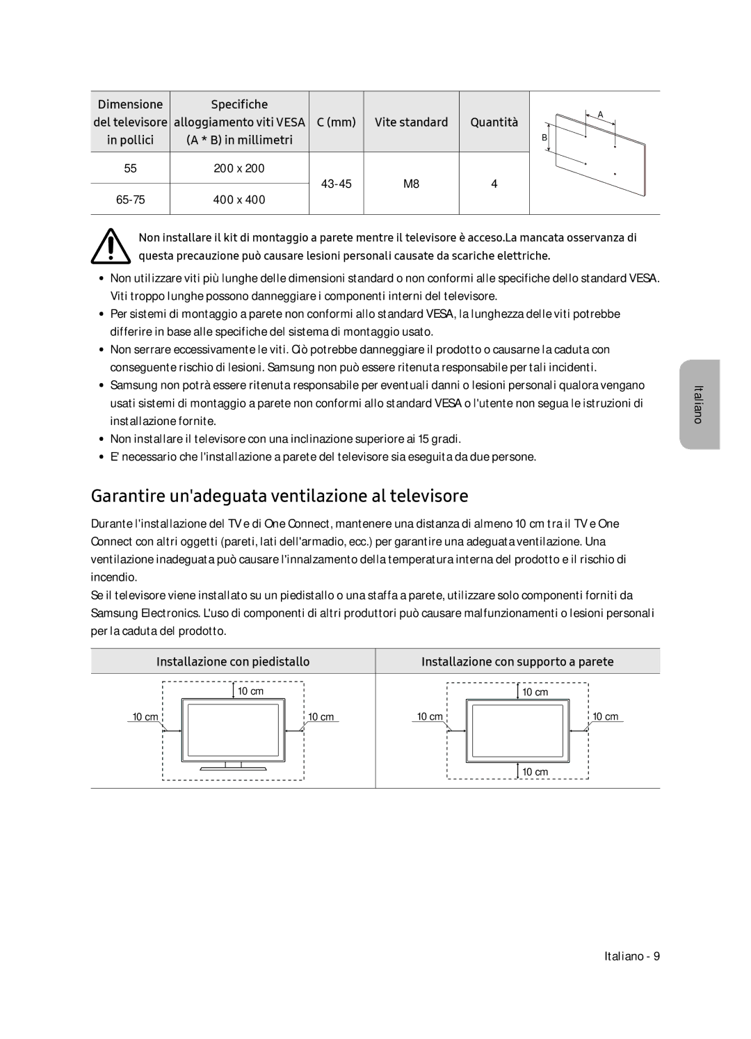 Samsung QE75Q7FNATXXH Garantire unadeguata ventilazione al televisore, Del televisore alloggiamento viti Vesa, Pollici 