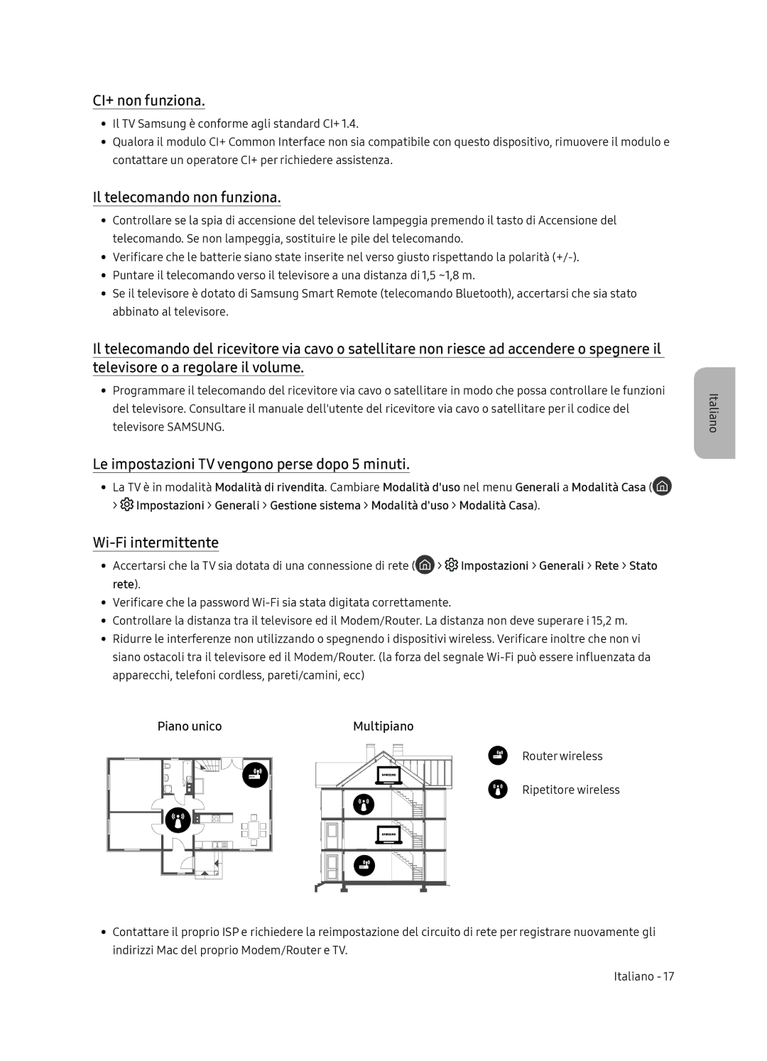 Samsung QE65Q7FNATXXH manual CI+ non funziona, Il telecomando non funziona, Le impostazioni TV vengono perse dopo 5 minuti 