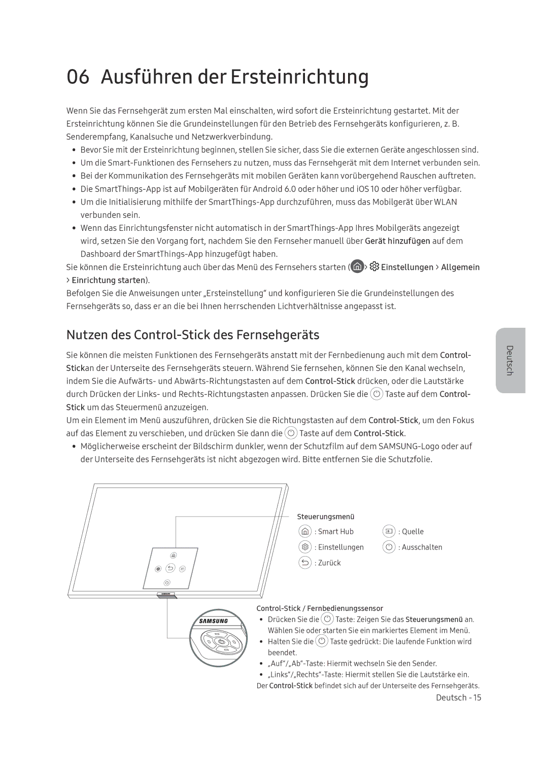 Samsung QE55Q9FNATXXC manual Ausführen der Ersteinrichtung, Nutzen des Control-Stick des Fernsehgeräts, Einrichtung starten 