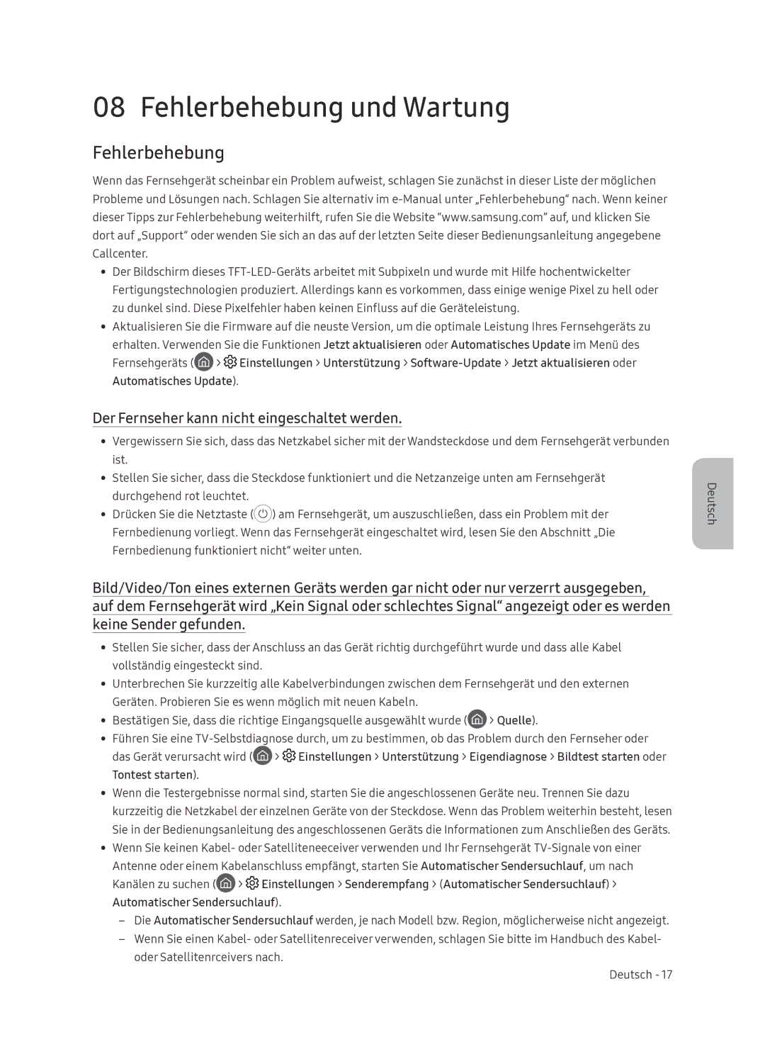 Samsung QE55Q9FNATXXH, QE75Q9FNATXXC manual Fehlerbehebung und Wartung, Der Fernseher kann nicht eingeschaltet werden 