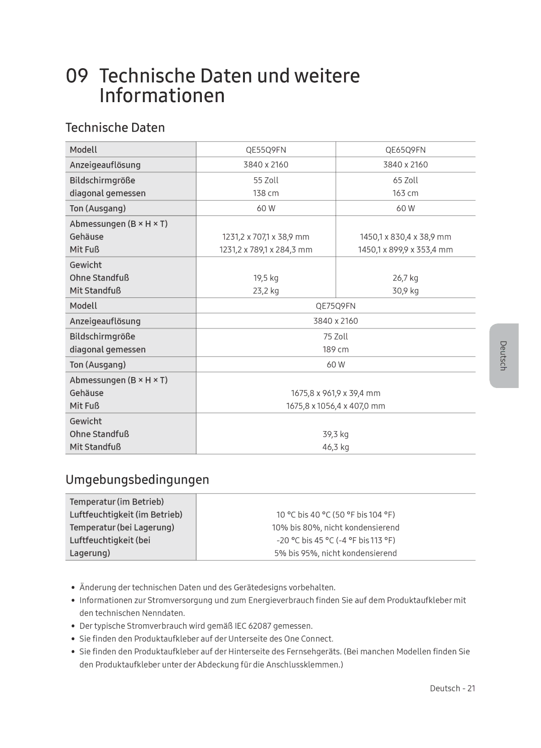 Samsung QE55Q9FNATXXC, QE75Q9FNATXXC, QE65Q9FNATXXC manual Technische Daten und weitere Informationen, Umgebungsbedingungen 