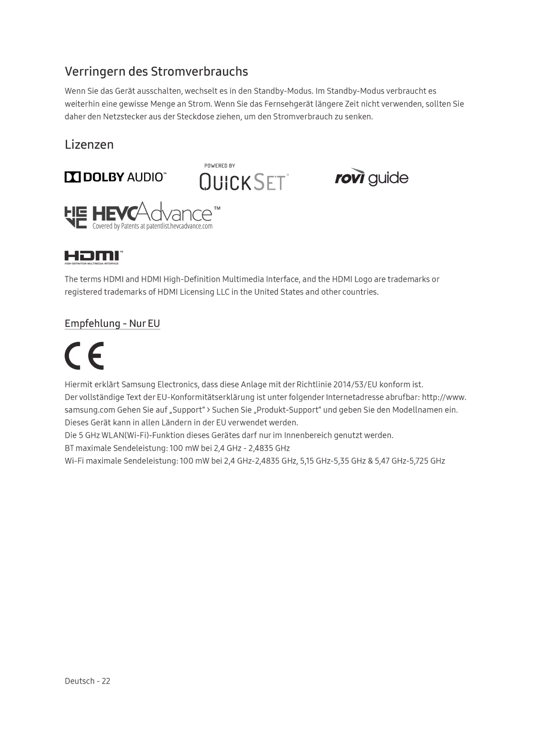 Samsung QE65Q9FNATXXC, QE75Q9FNATXXC, QE55Q9FNATXXC manual Verringern des Stromverbrauchs, Lizenzen, Empfehlung Nur EU 