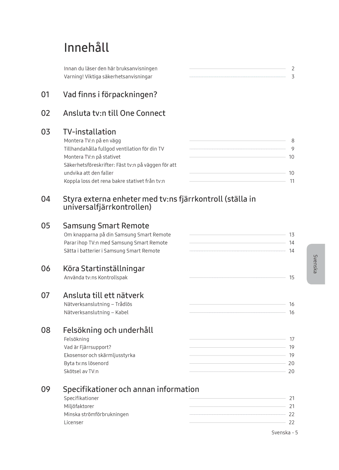 Samsung QE55Q9FNATXXC, QE75Q9FNATXXC Innehåll, Köra Startinställningar, Ansluta till ett nätverk, Felsökning och underhåll 