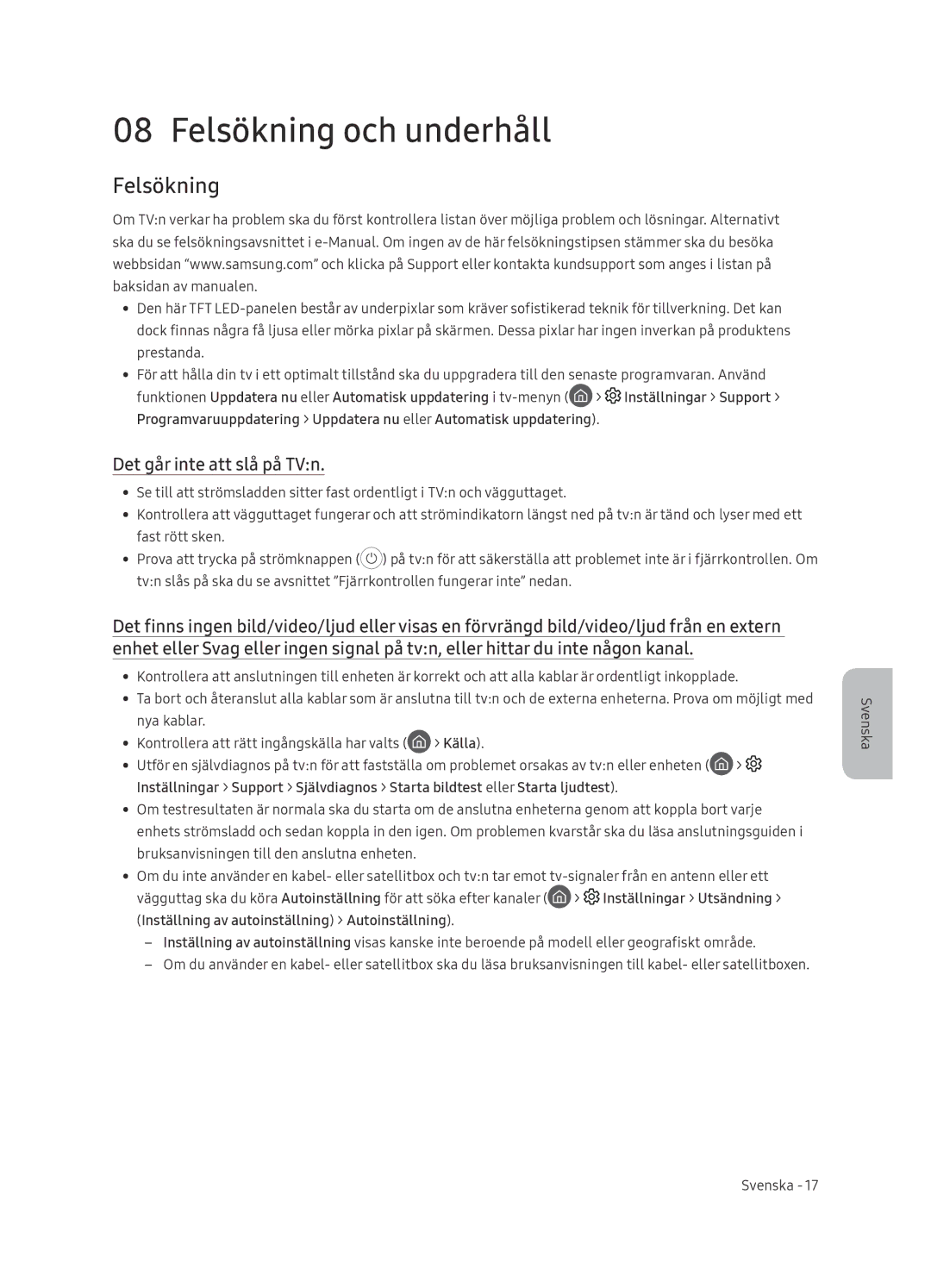 Samsung QE55Q9FNATXXC, QE75Q9FNATXXC, QE65Q9FNATXXC manual Felsökning och underhåll, Det går inte att slå på TVn, Källa 