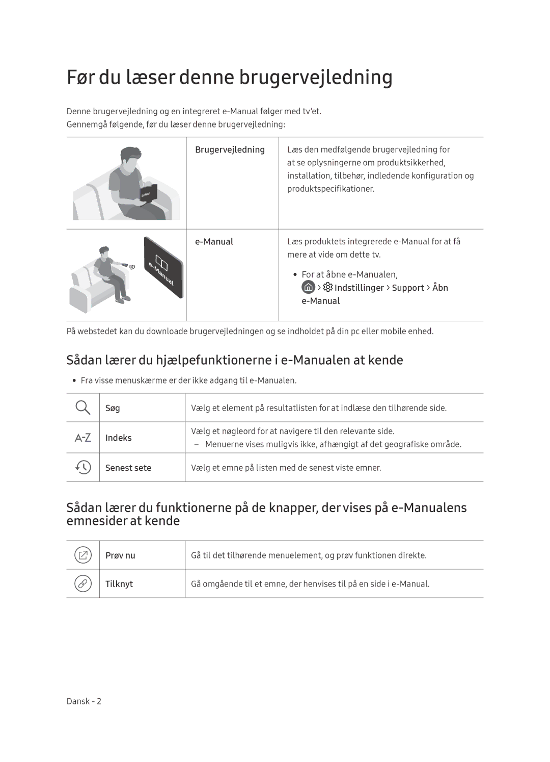 Samsung QE65Q9FNATXXC manual Før du læser denne brugervejledning, Sådan lærer du hjælpefunktionerne i e-Manualen at kende 