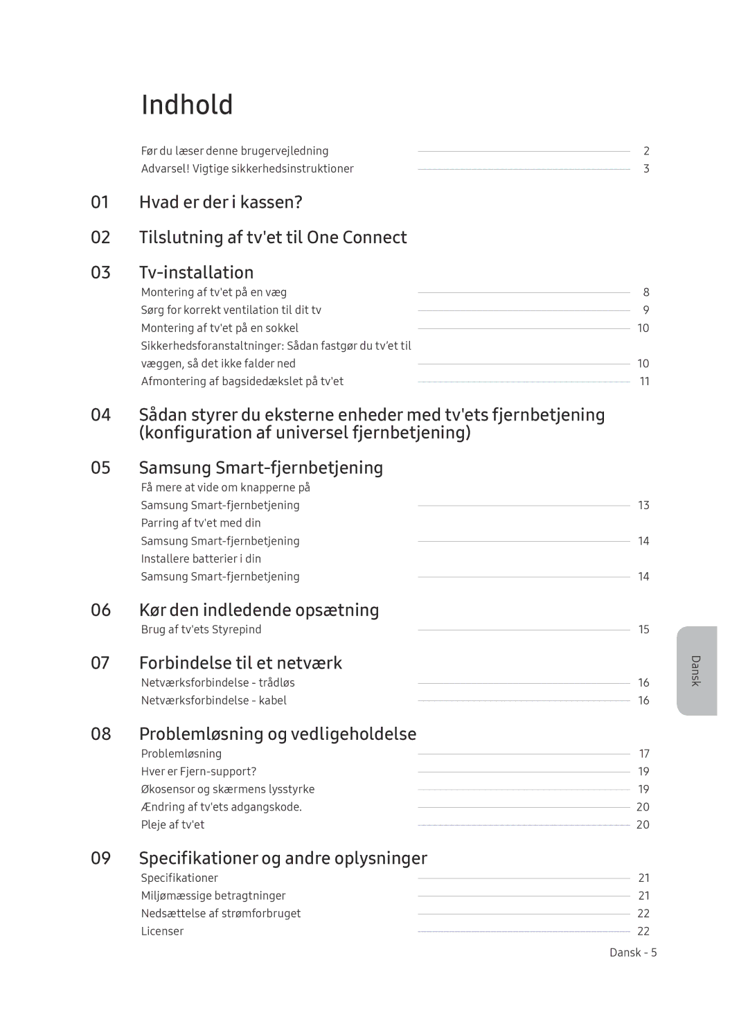 Samsung QE65Q9FNATXXH Indhold, Kør den indledende opsætning, Forbindelse til et netværk, Problemløsning og vedligeholdelse 