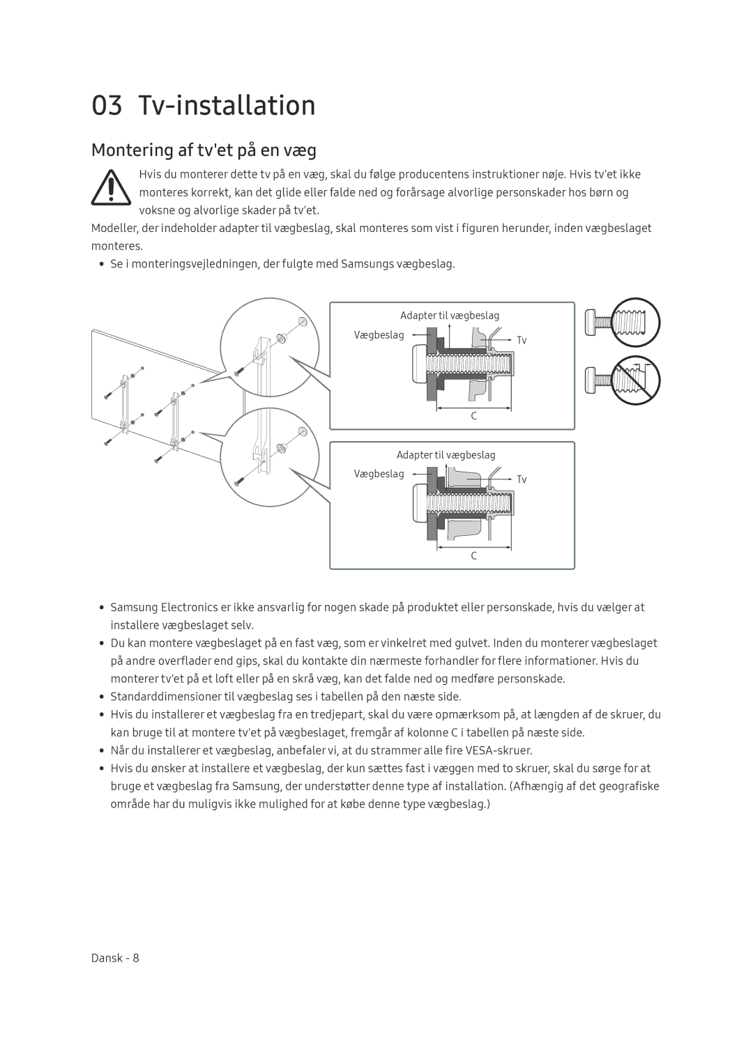 Samsung QE65Q9FNATXXC, QE75Q9FNATXXC, QE55Q9FNATXXC, QE55Q9FNATXXH manual Tv-installation, Montering af tvet på en væg 