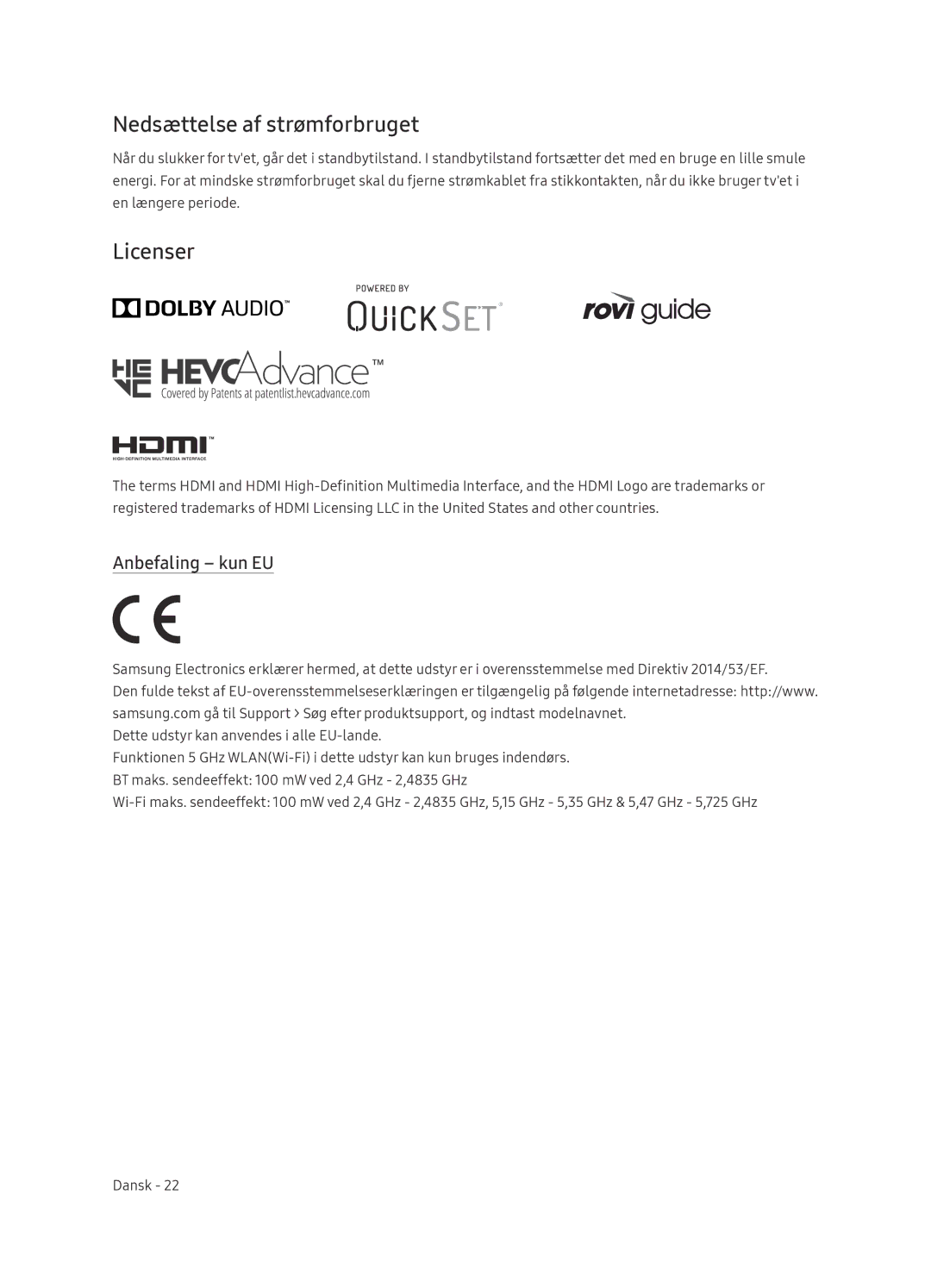 Samsung QE75Q9FNATXXH, QE75Q9FNATXXC, QE55Q9FNATXXC, QE65Q9FNATXXC manual Nedsættelse af strømforbruget, Anbefaling kun EU 