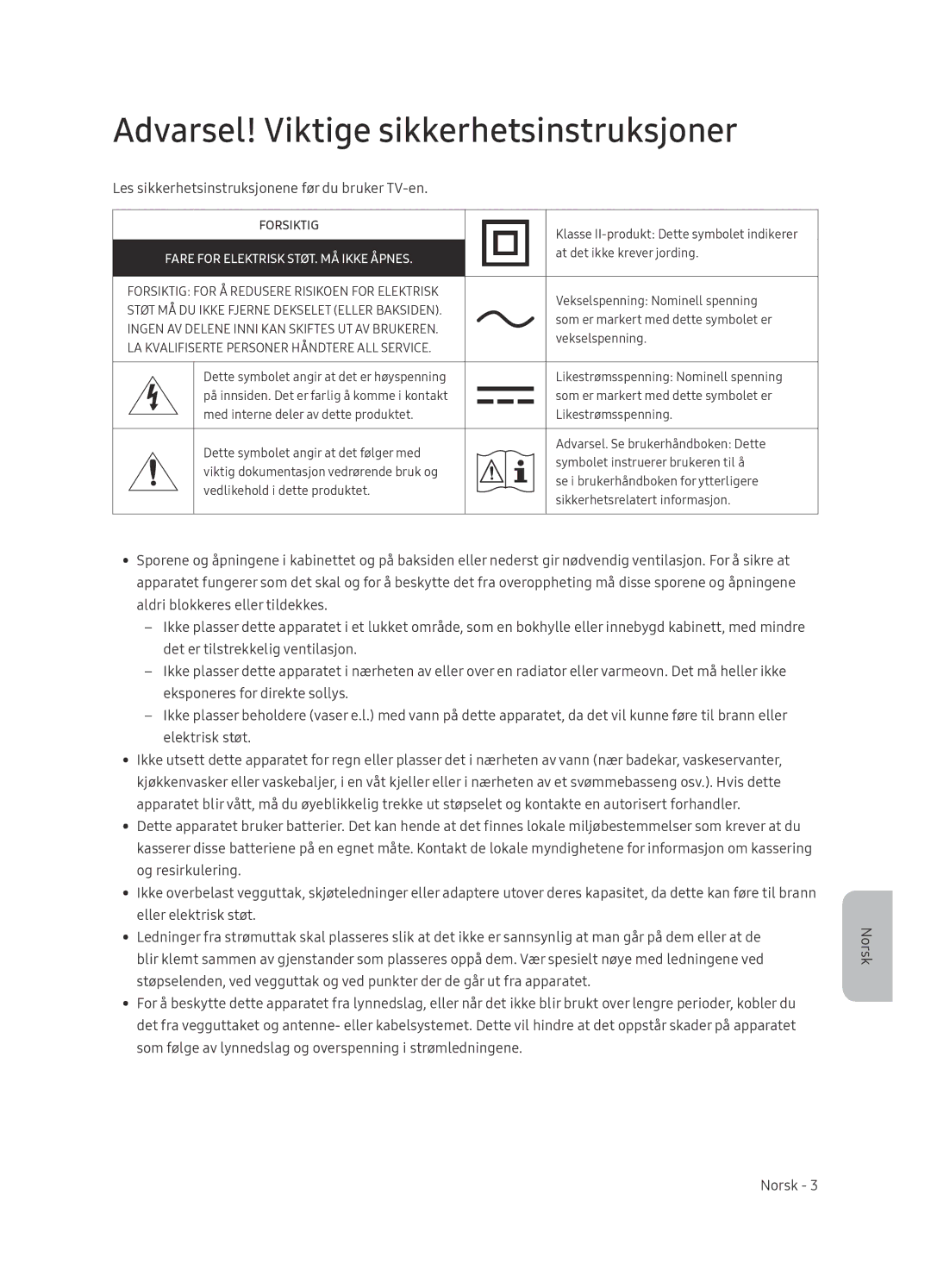 Samsung QE55Q9FNATXXC, QE75Q9FNATXXC, QE65Q9FNATXXC, QE55Q9FNATXXH manual Les sikkerhetsinstruksjonene før du bruker TV-en 