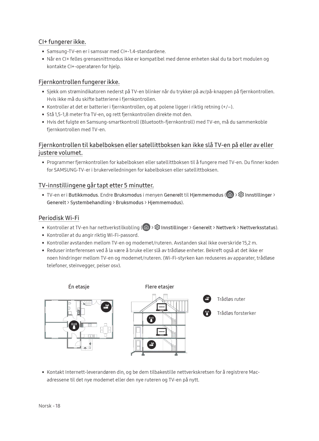 Samsung QE75Q9FNATXXH Fjernkontrollen fungerer ikke, TV-innstillingene går tapt etter 5 minutter, Én etasje Flere etasjer 