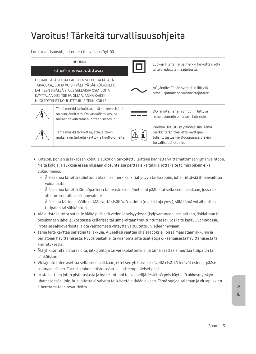 Samsung QE65Q9FNATXXH manual Varoitus! Tärkeitä turvallisuusohjeita, Lue turvallisuusohjeet ennen television käyttöä 