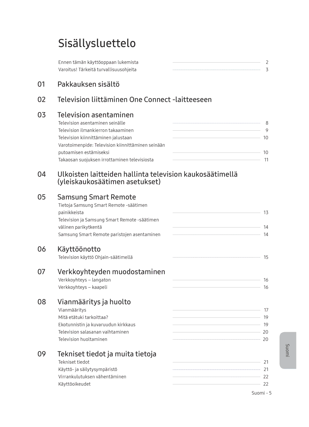 Samsung QE55Q9FNATXXC, QE75Q9FNATXXC, QE65Q9FNATXXC, QE55Q9FNATXXH, QE75Q9FNATXXH manual Sisällysluettelo, Samsung Smart Remote 