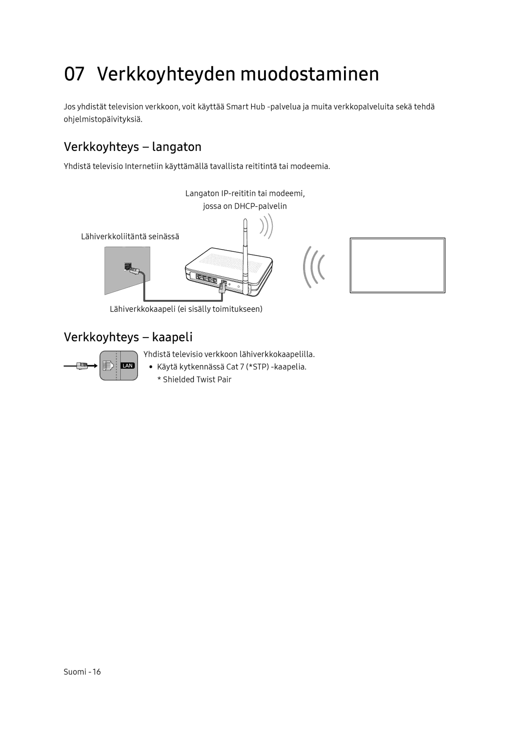 Samsung QE75Q9FNATXXC, QE55Q9FNATXXC manual Verkkoyhteyden muodostaminen, Verkkoyhteys langaton, Verkkoyhteys kaapeli 