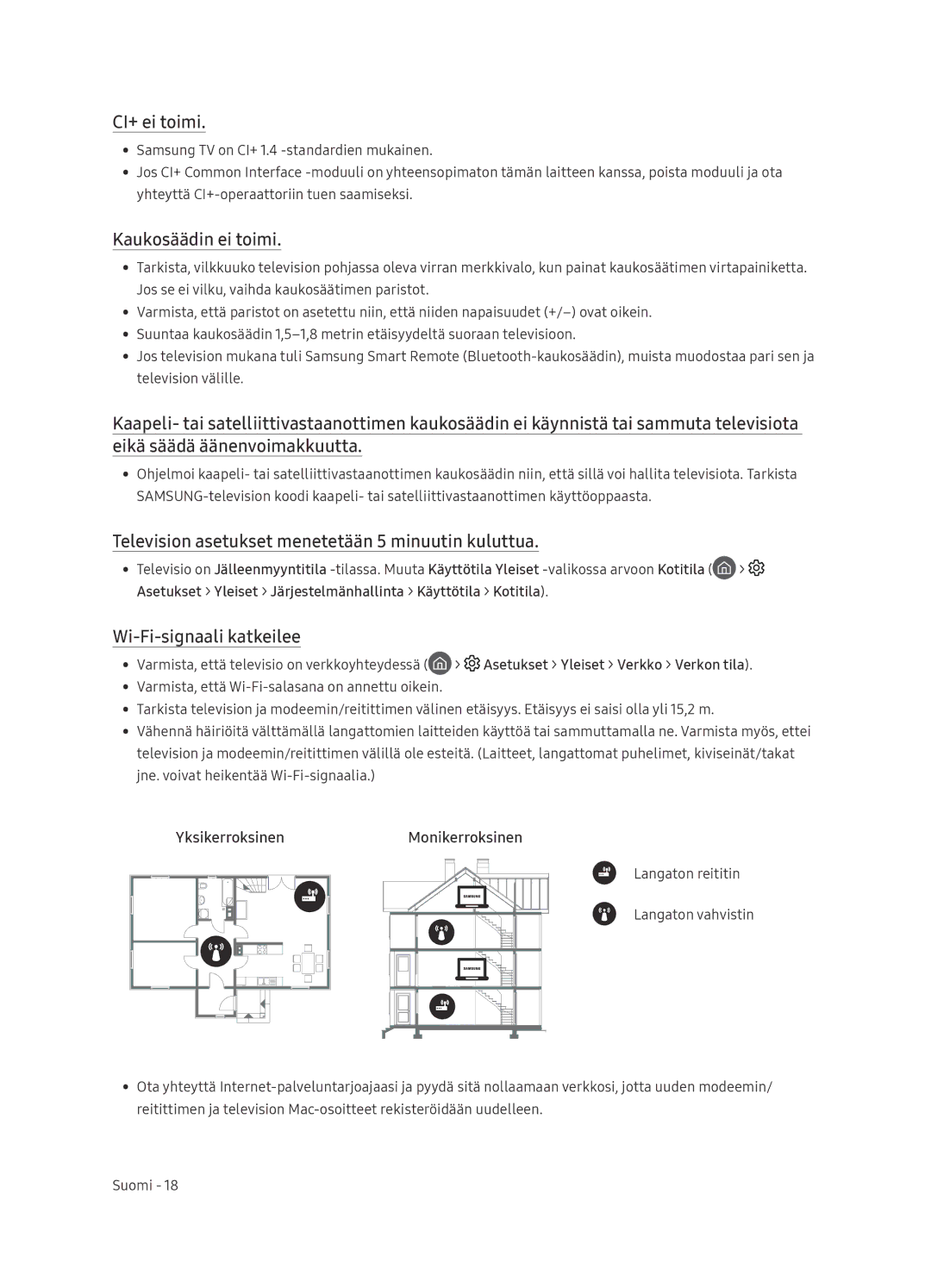 Samsung QE65Q9FNATXXC manual CI+ ei toimi, Kaukosäädin ei toimi, Television asetukset menetetään 5 minuutin kuluttua 