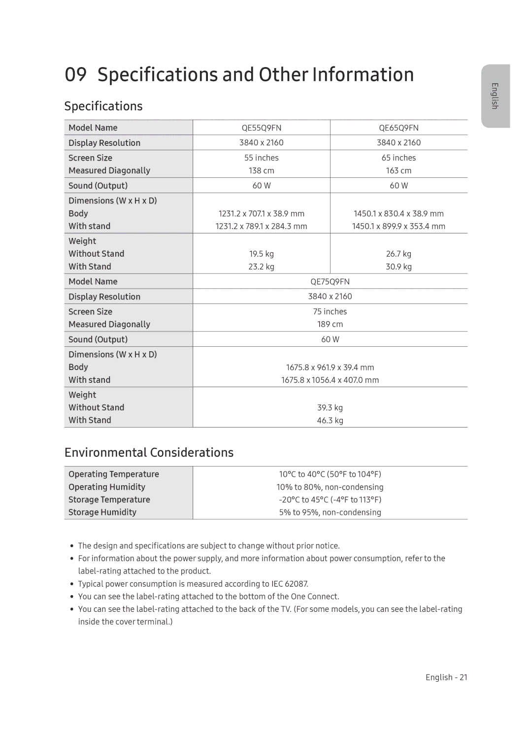 Samsung QE55Q9FNATXXH, QE75Q9FNATXXC, QE55Q9FNATXXC manual Specifications and Other Information, Environmental Considerations 