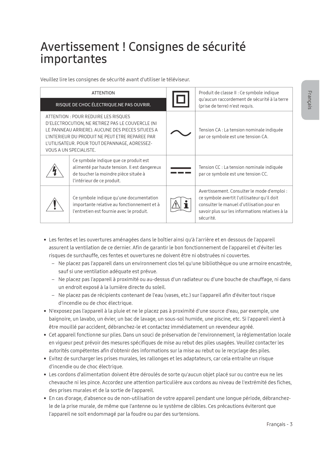 Samsung QE55Q9FNATXXC manual Avertissement ! Consignes de sécurité importantes, Risque DE Choc ÉLECTRIQUE.NE PAS Ouvrir 