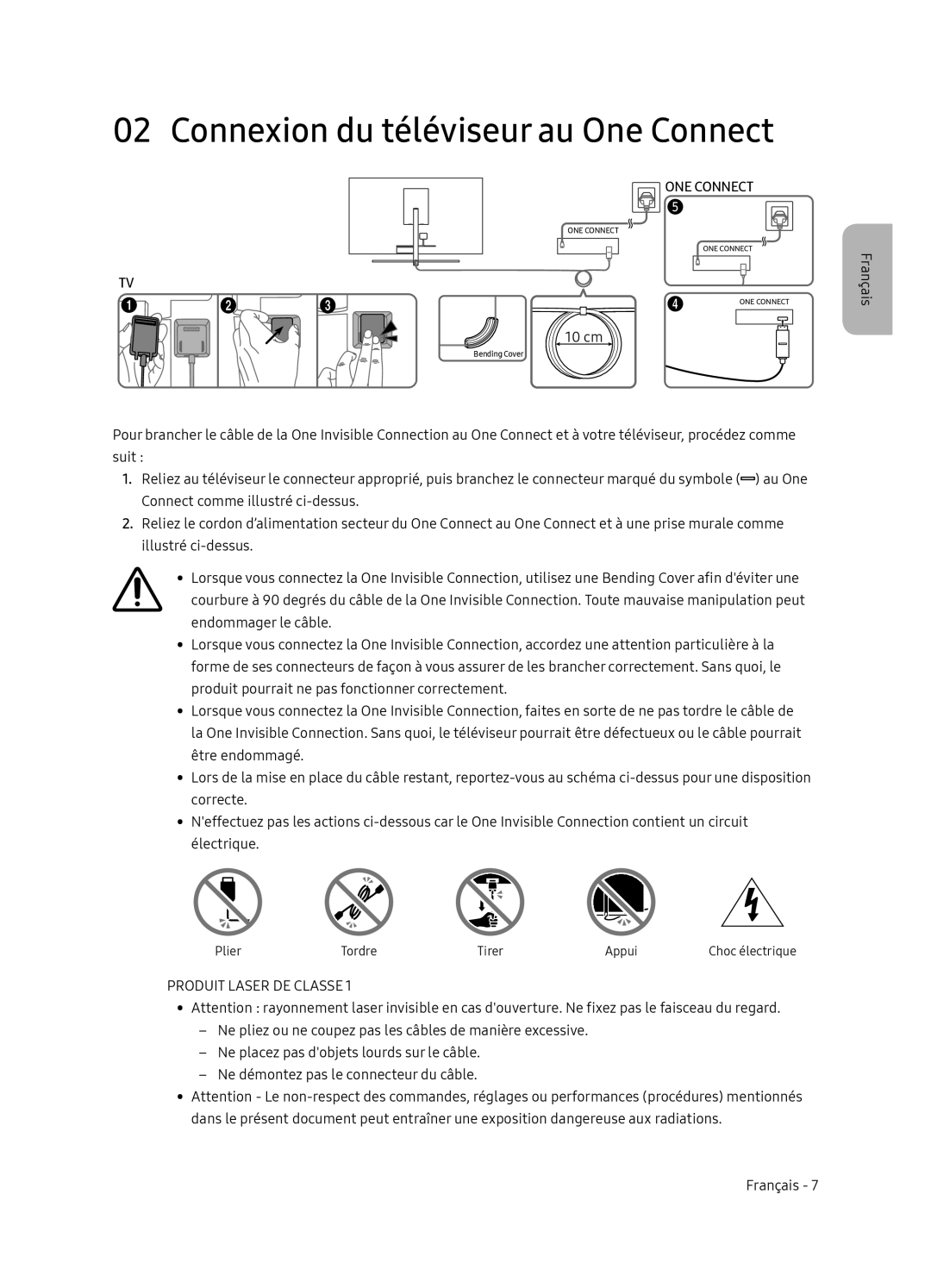 Samsung QE65Q9FNATXXH, QE75Q9FNATXXC, QE55Q9FNATXXC manual Connexion du téléviseur au One Connect, Produit Laser DE Classe 