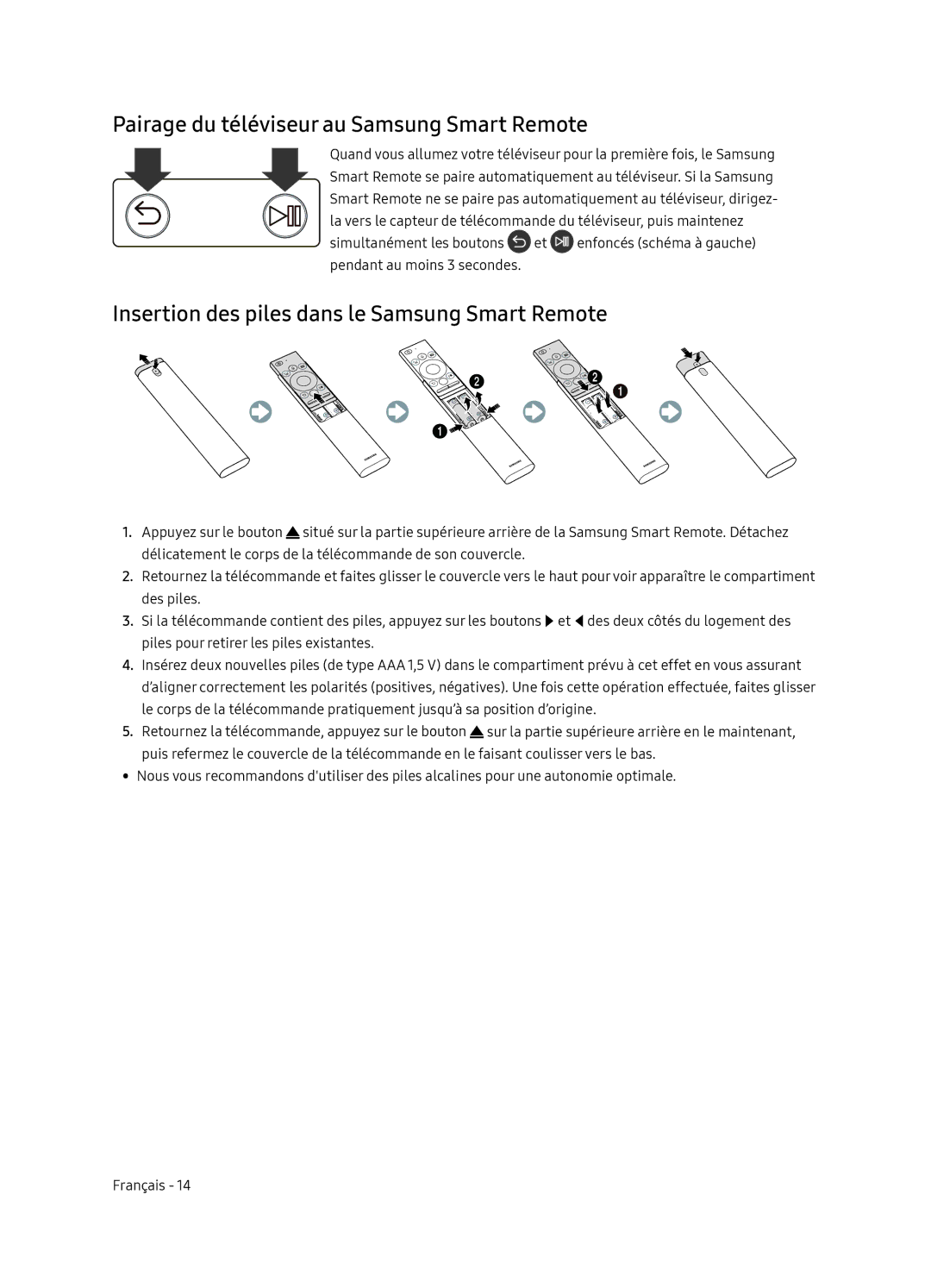 Samsung QE75Q9FNATXXC Pairage du téléviseur au Samsung Smart Remote, Insertion des piles dans le Samsung Smart Remote 