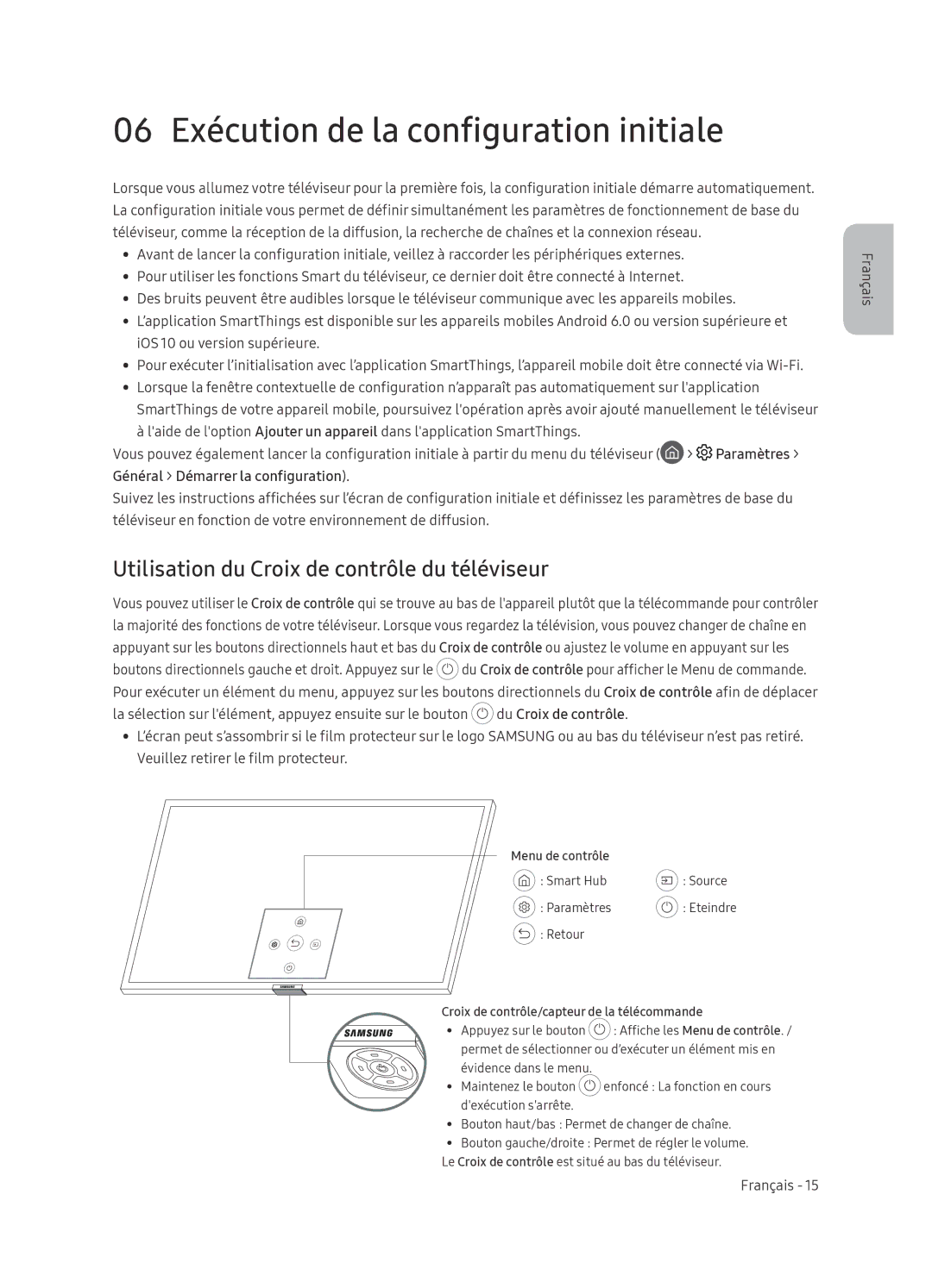 Samsung QE55Q9FNATXXC manual 06 Exécution de la configuration initiale, Utilisation du Croix de contrôle du téléviseur 