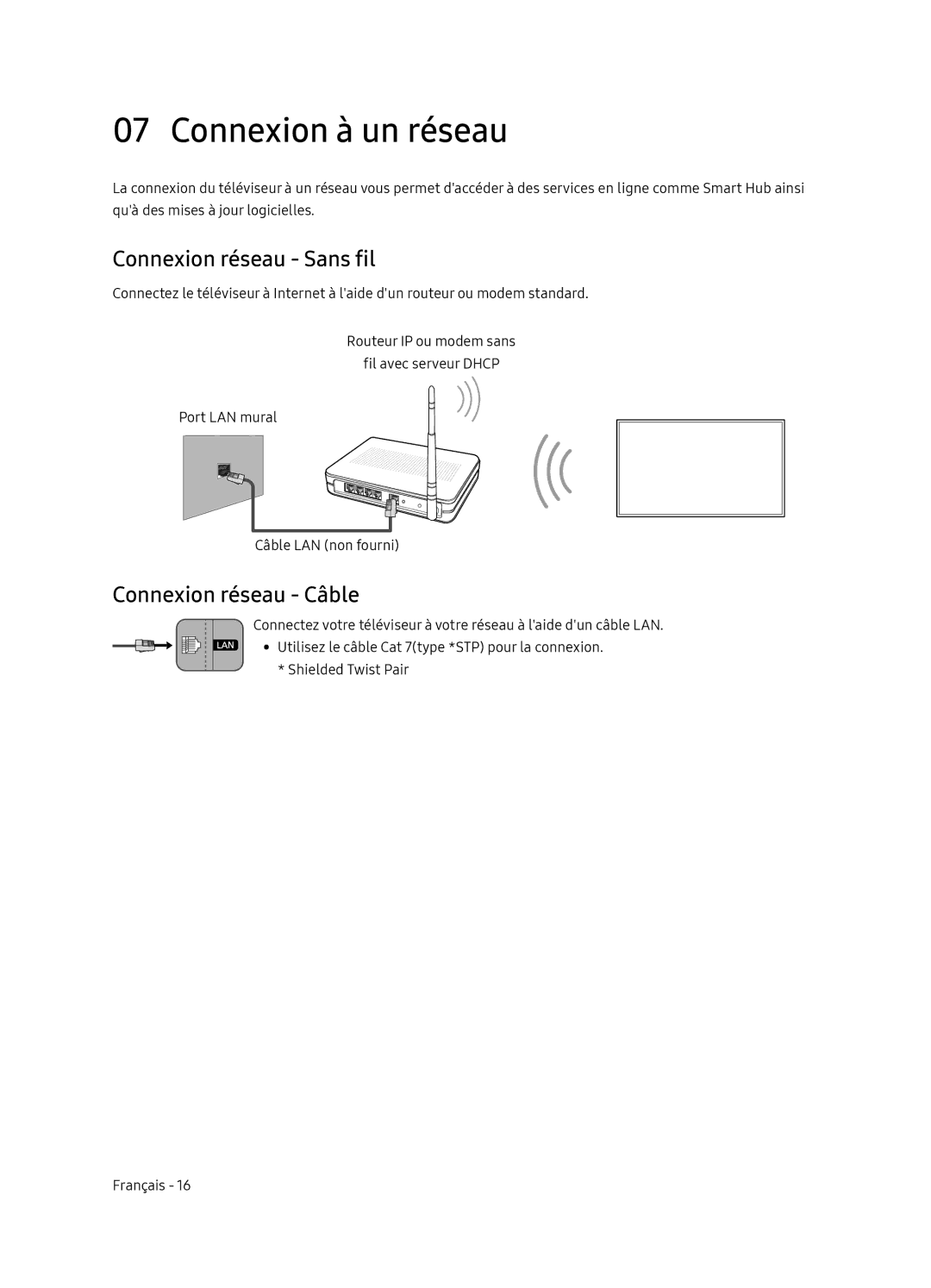 Samsung QE65Q9FNATXXC, QE75Q9FNATXXC manual Connexion à un réseau, Connexion réseau Sans fil, Connexion réseau Câble 