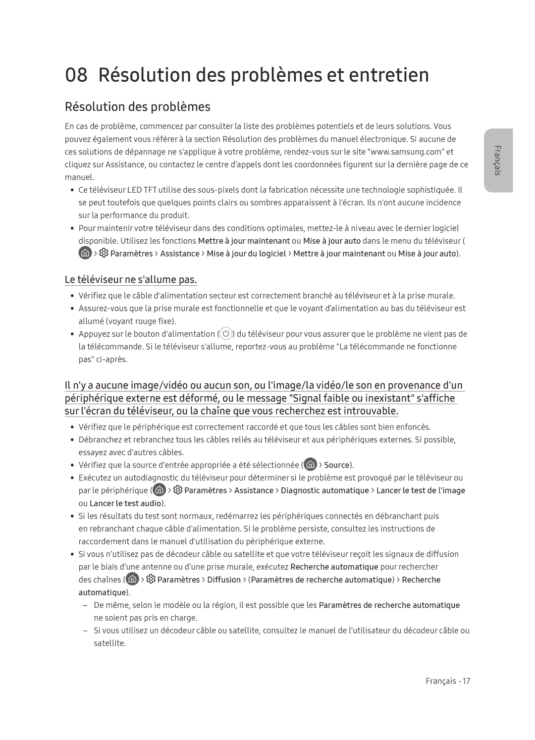 Samsung QE55Q9FNATXXH, QE75Q9FNATXXC, QE55Q9FNATXXC 08 Résolution des problèmes et entretien, Le téléviseur ne sallume pas 