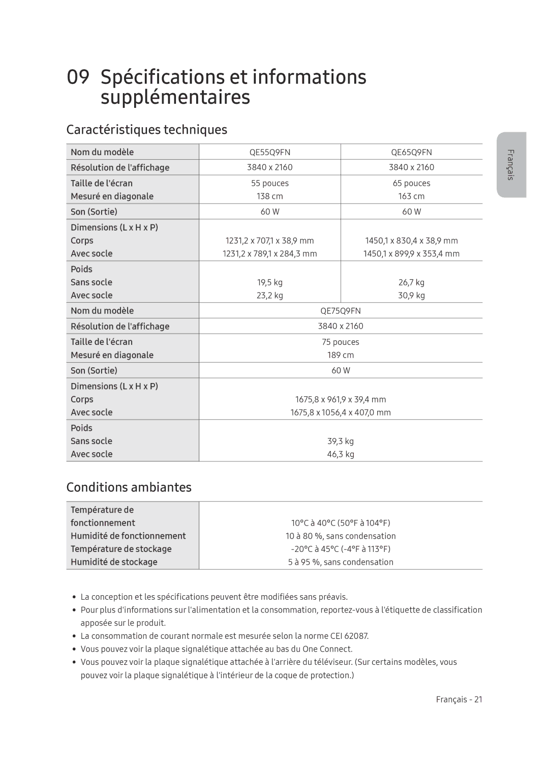 Samsung QE55Q9FNATXXC, QE75Q9FNATXXC, QE65Q9FNATXXC, QE55Q9FNATXXH manual Caractéristiques techniques, Conditions ambiantes 