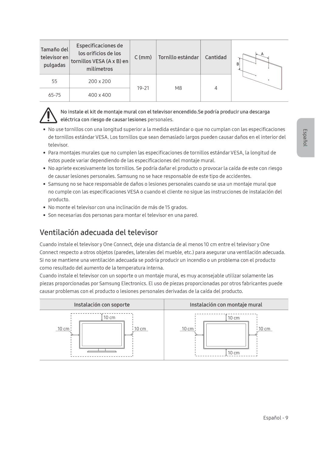 Samsung QE65Q9FNATXXH Ventilación adecuada del televisor, Instalación con soporte Instalación con montaje mural, Cantidad 