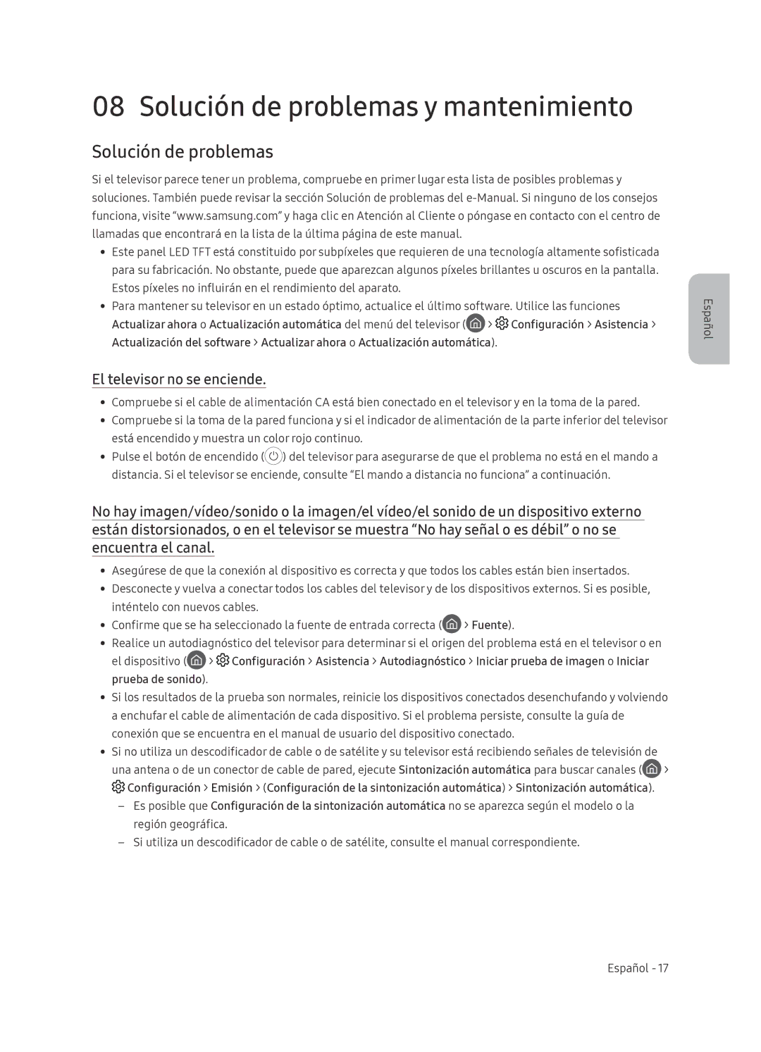 Samsung QE55Q9FNATXXC Solución de problemas y mantenimiento, El televisor no se enciende, El dispositivo, Prueba de sonido 