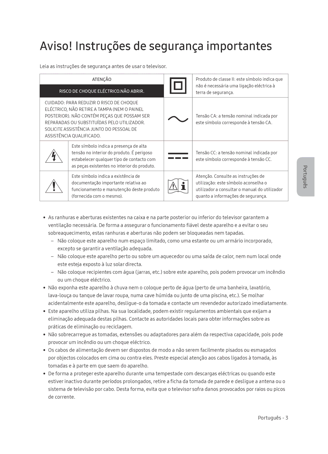 Samsung QE55Q9FNATXXH, QE75Q9FNATXXC, QE55Q9FNATXXC, QE65Q9FNATXXC, QE75Q9FNATXXH Aviso! Instruções de segurança importantes 