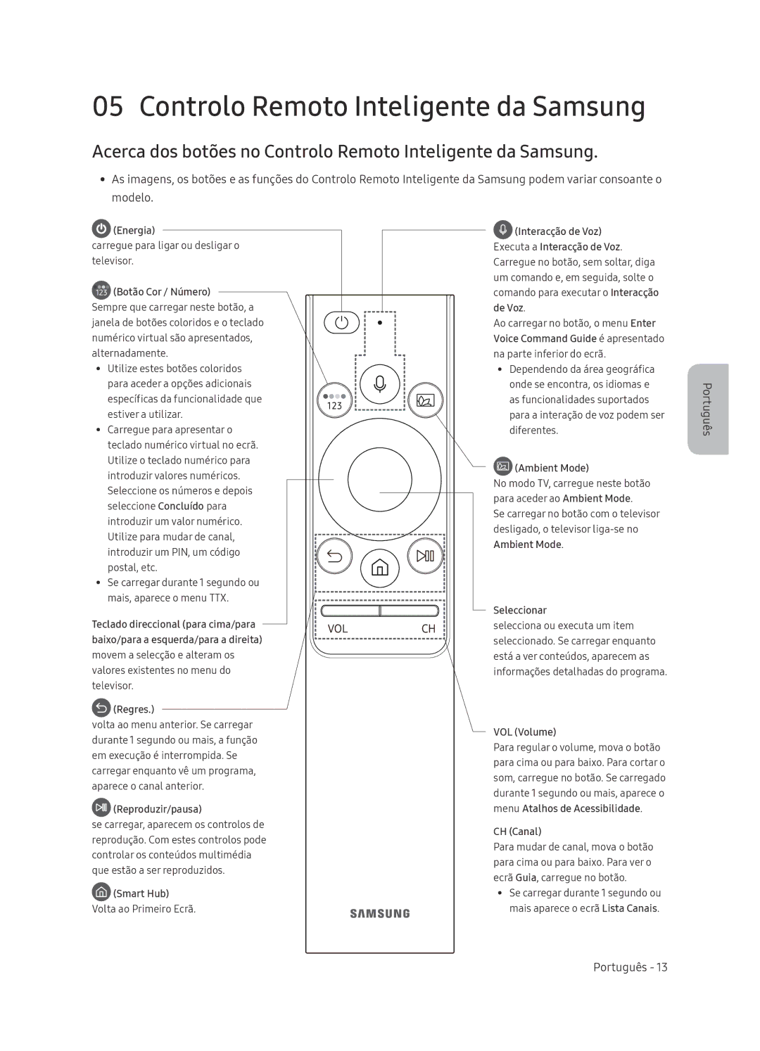 Samsung QE55Q9FNATXXC manual Acerca dos botões no Controlo Remoto Inteligente da Samsung, Energia, Botão Cor / Número 