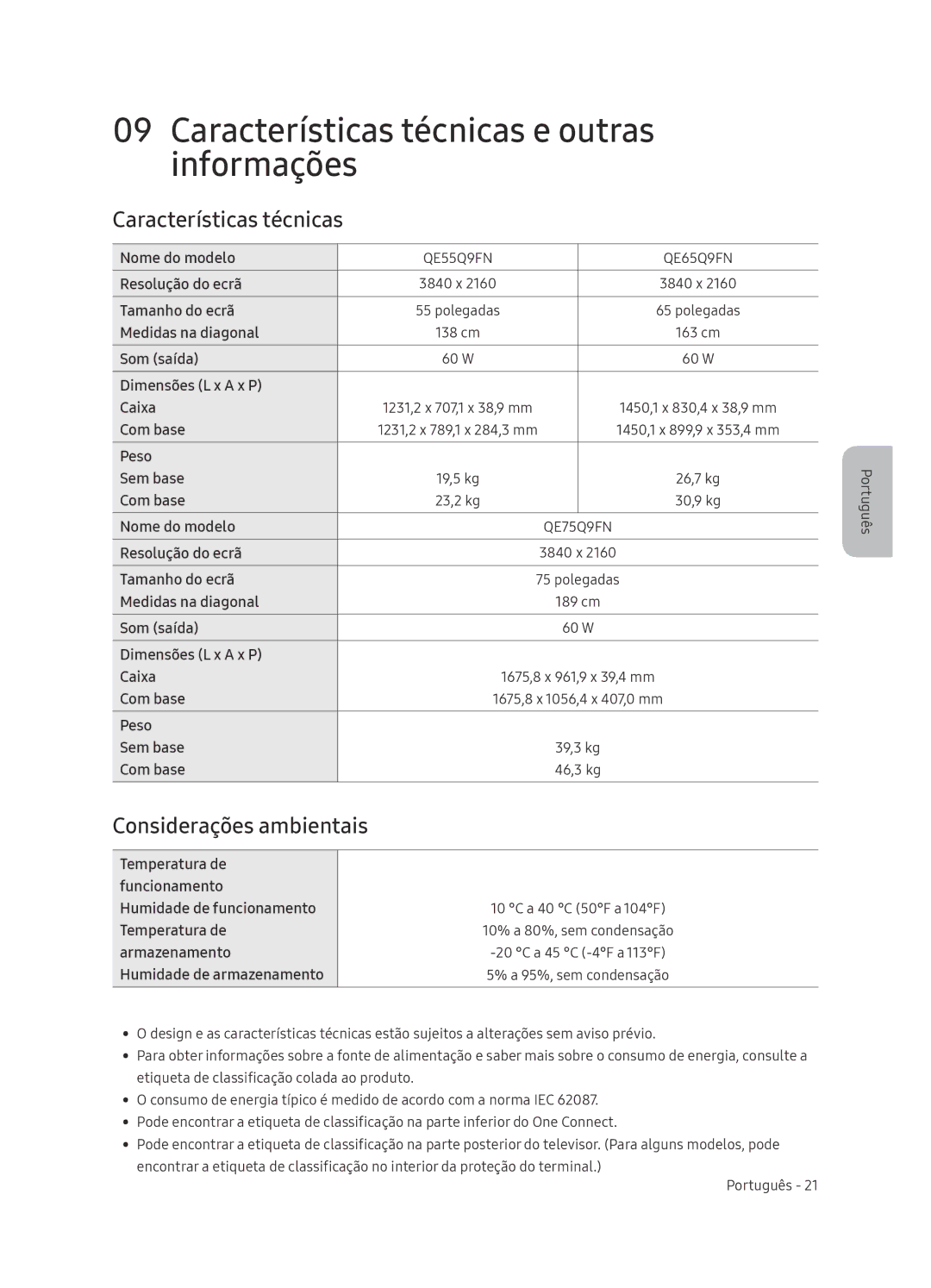 Samsung QE55Q9FNATXXH, QE75Q9FNATXXC, QE55Q9FNATXXC Características técnicas e outras informações, Considerações ambientais 