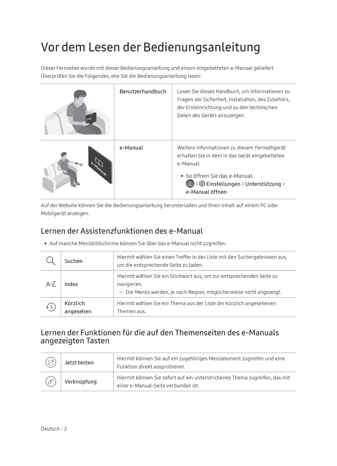 Samsung QE75Q9FNATXXC, QE55Q9FNATXXC Vor dem Lesen der Bedienungsanleitung, Lernen der Assistenzfunktionen des e-Manual 