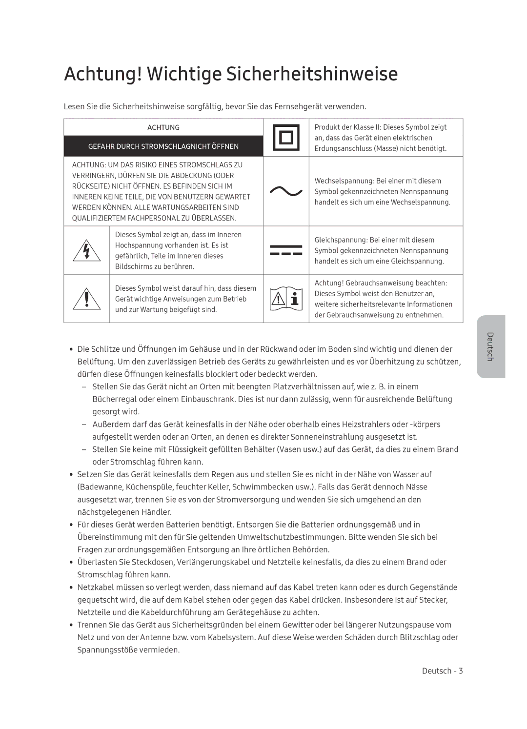 Samsung QE55Q9FNATXXC, QE75Q9FNATXXC manual Achtung! Wichtige Sicherheitshinweise, Gefahr Durch Stromschlagnicht Öffnen 