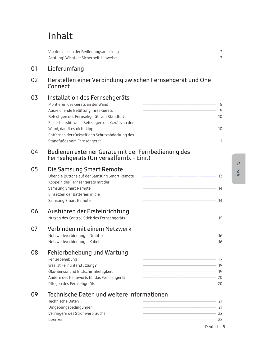 Samsung QE55Q9FNATXXH Inhalt, Ausführen der Ersteinrichtung, Verbinden mit einem Netzwerk, Fehlerbehebung und Wartung 