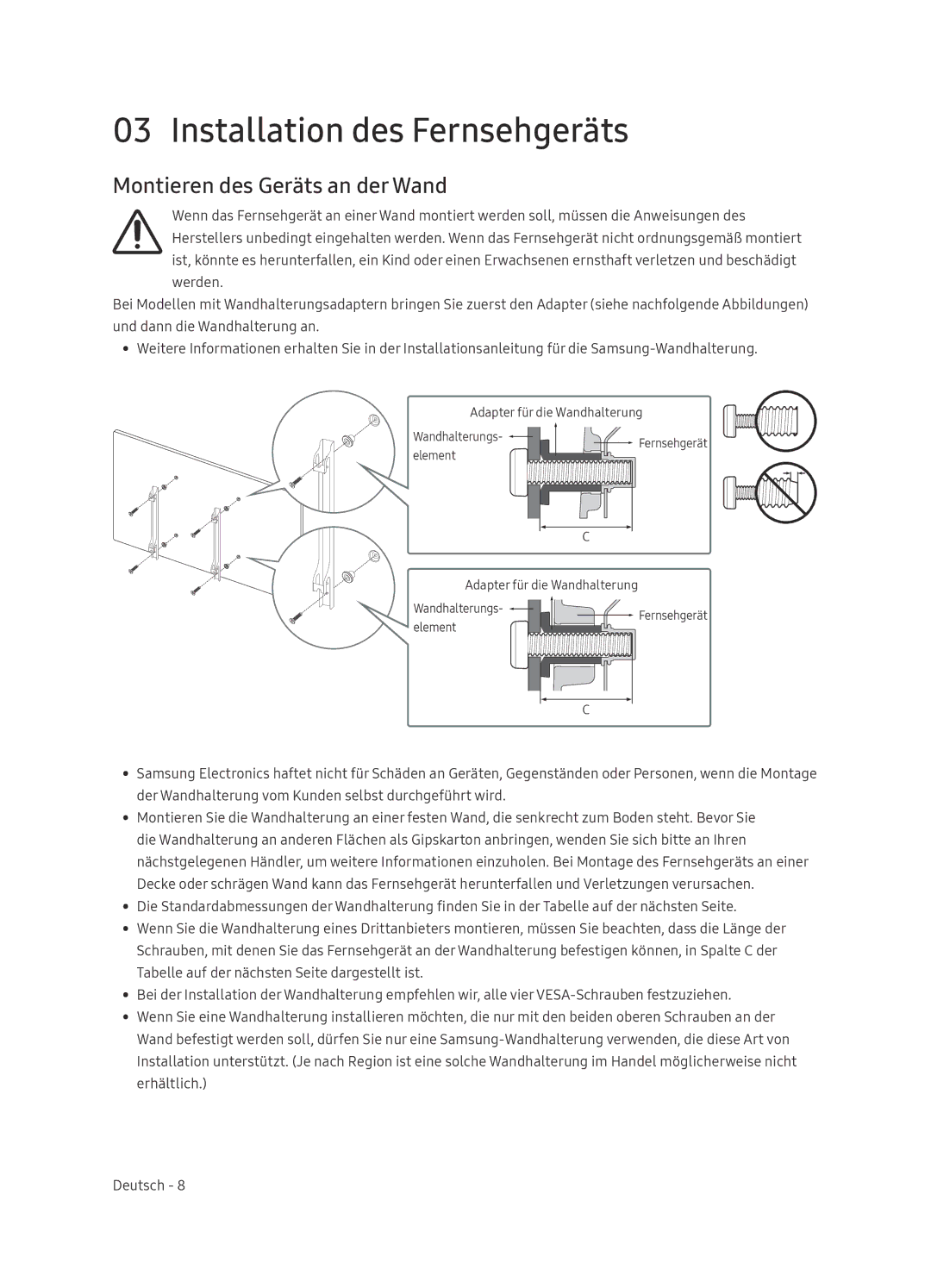 Samsung QE75Q9FNATXXC, QE55Q9FNATXXC, QE65Q9FNATXXC manual Installation des Fernsehgeräts, Montieren des Geräts an der Wand 