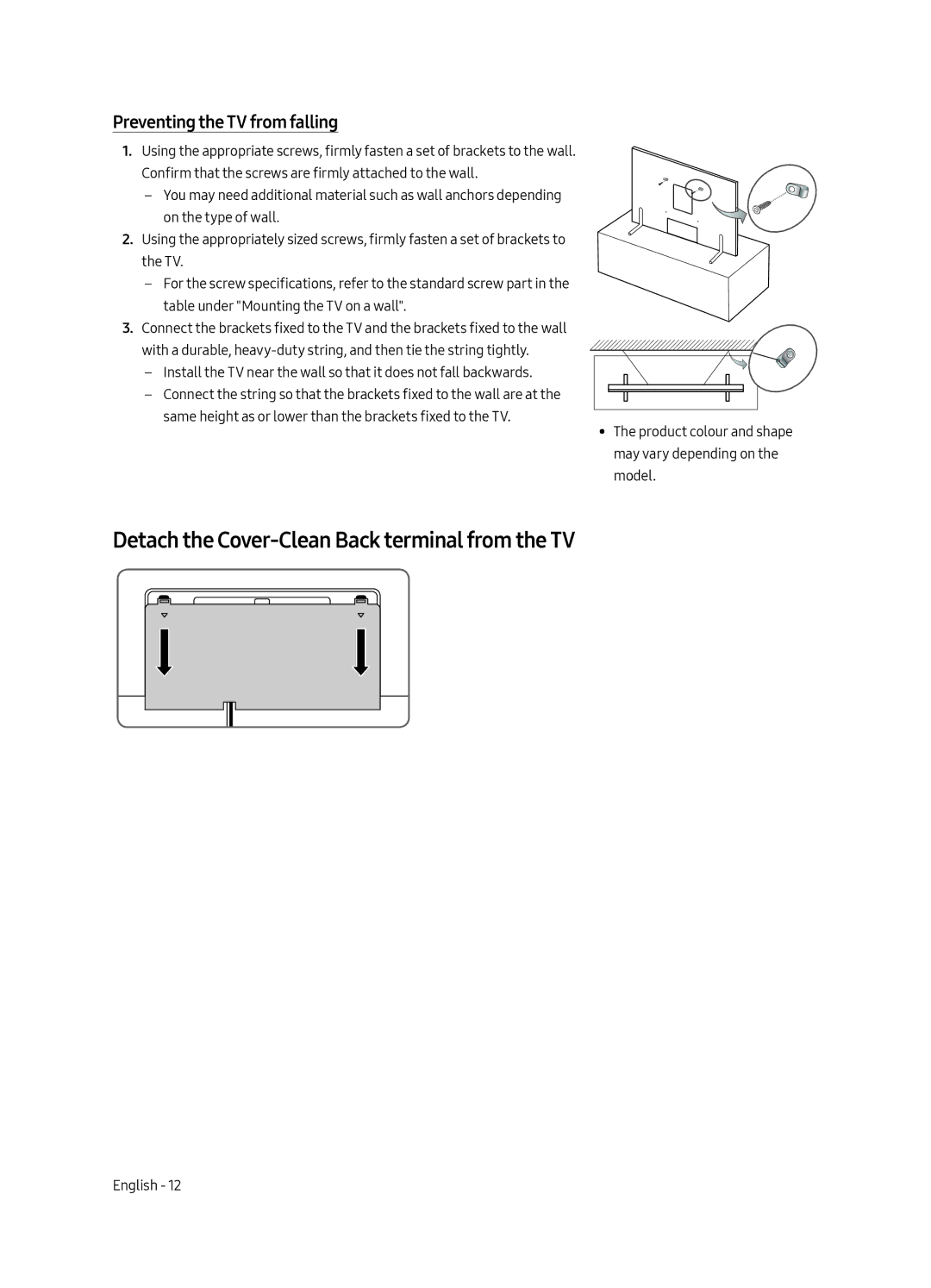 Samsung QE88Q9FAMTXSQ, QE65Q9FAMTXSQ manual Detach the Cover-Clean Back terminal from the TV, Preventing the TV from falling 