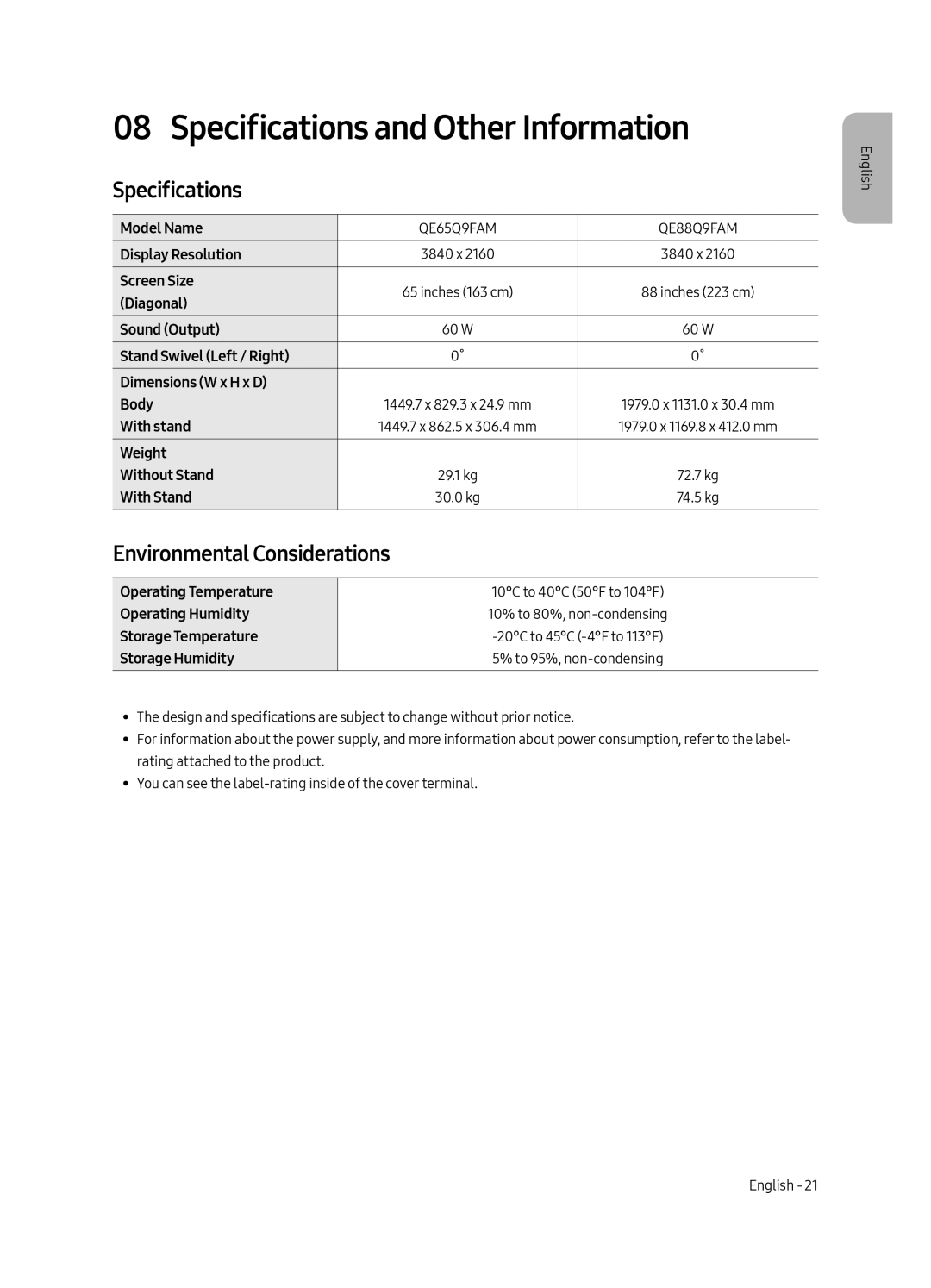 Samsung QE65Q9FAMTXSQ, QE88Q9FAMTXSQ manual Specifications and Other Information, Environmental Considerations 