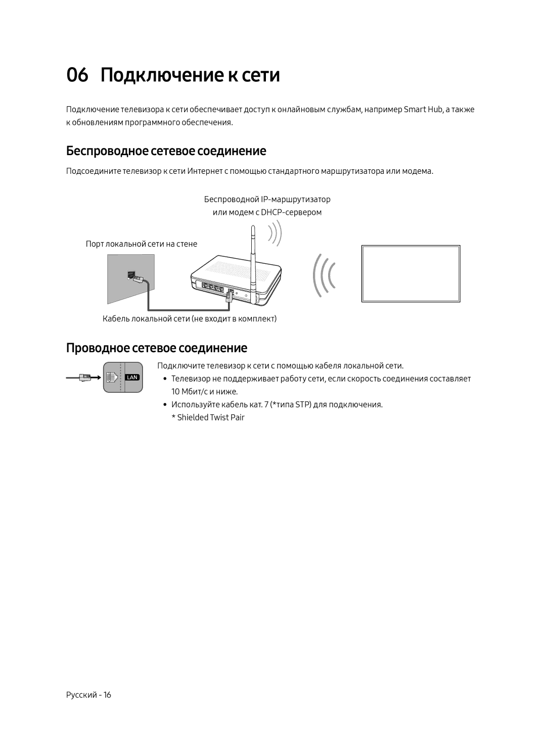 Samsung QE88Q9FAMTXSQ, QE65Q9FAMTXSQ 06 Подключение к сети, Беспроводное сетевое соединение, Проводное сетевое соединение 