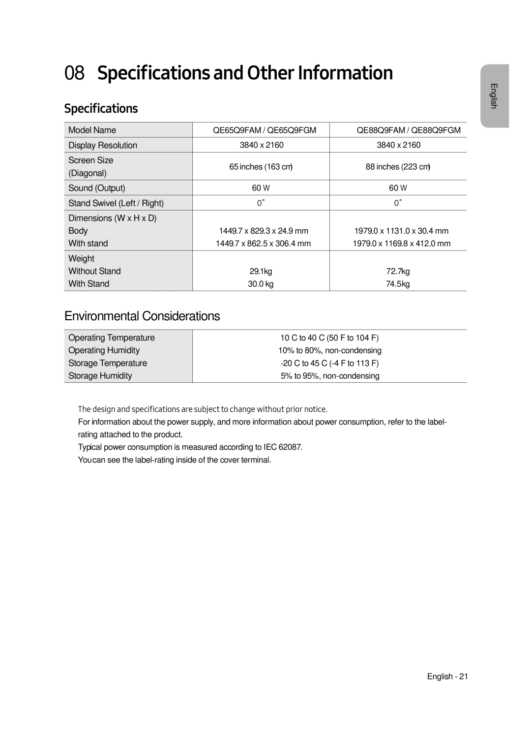 Samsung QE65Q9FGMTXZG, QE88Q9FGMTXZG, QE65Q9FAMTXXH manual Specifications and Other Information, Environmental Considerations 