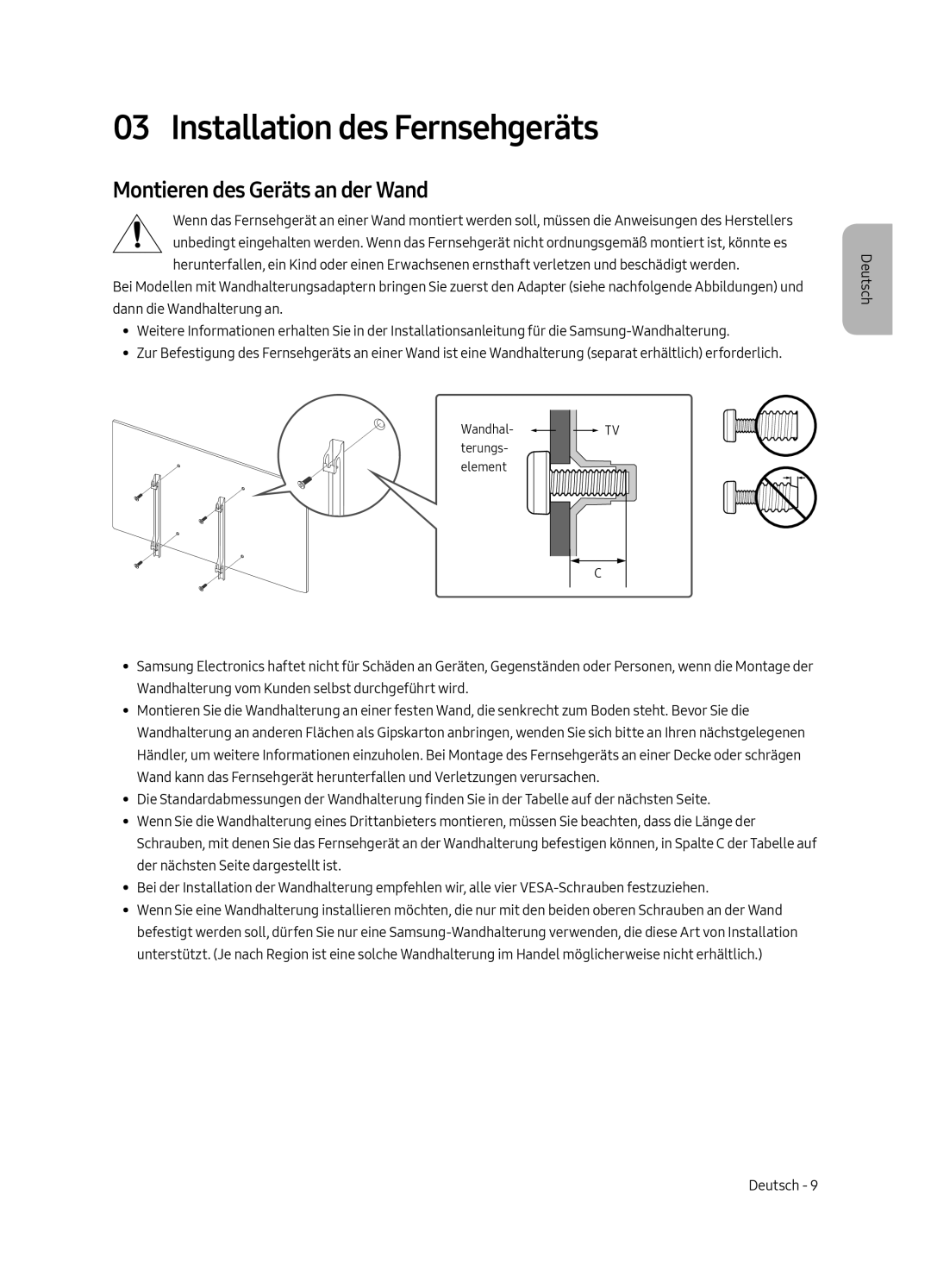 Samsung QE65Q9FGMTXZG, QE88Q9FGMTXZG, QE65Q9FAMTXXH manual Installation des Fernsehgeräts, Montieren des Geräts an der Wand 