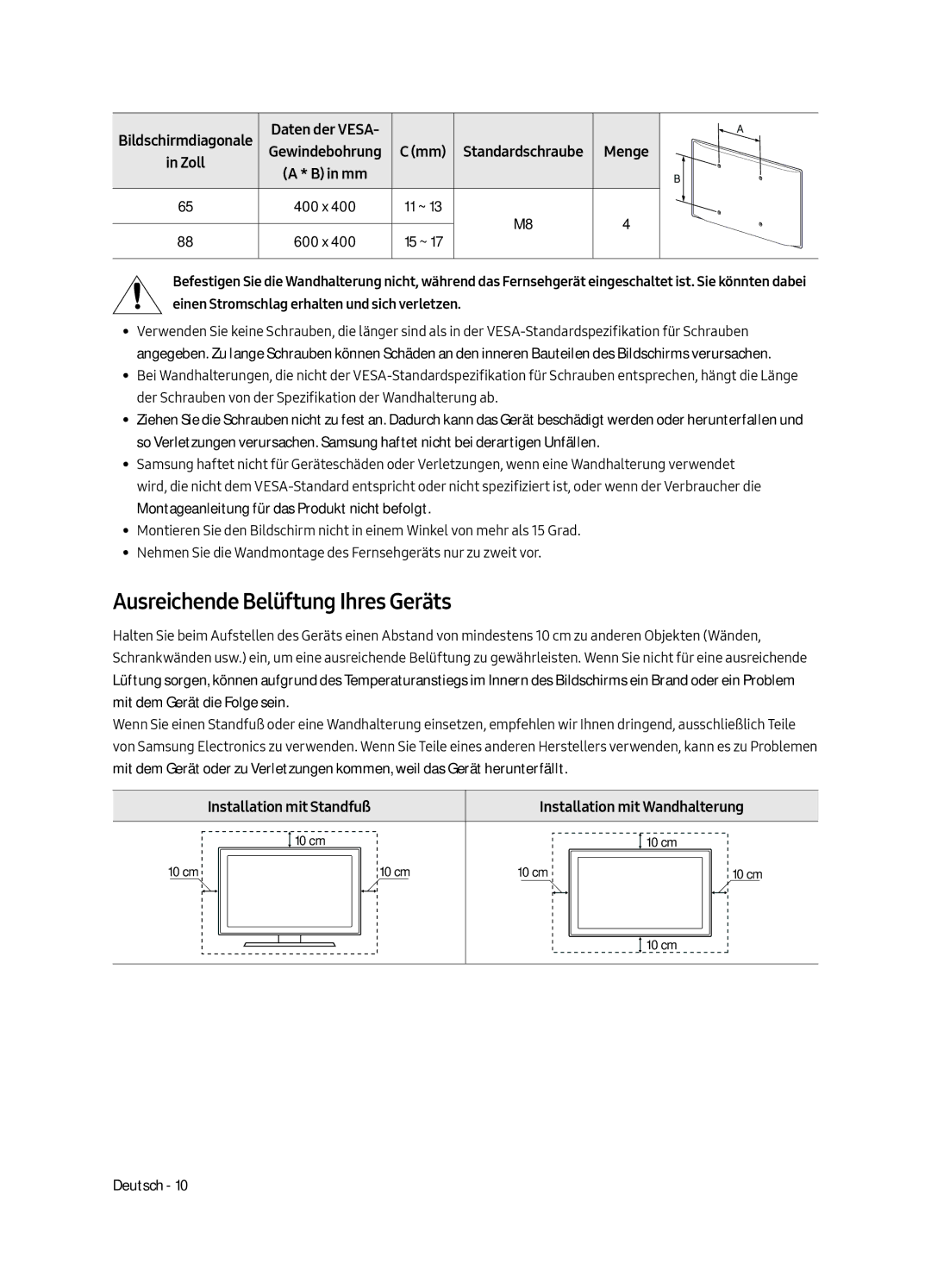 Samsung QE65Q9FAMTXXH manual Ausreichende Belüftung Ihres Geräts, Installation mit Standfuß Installation mit Wandhalterung 