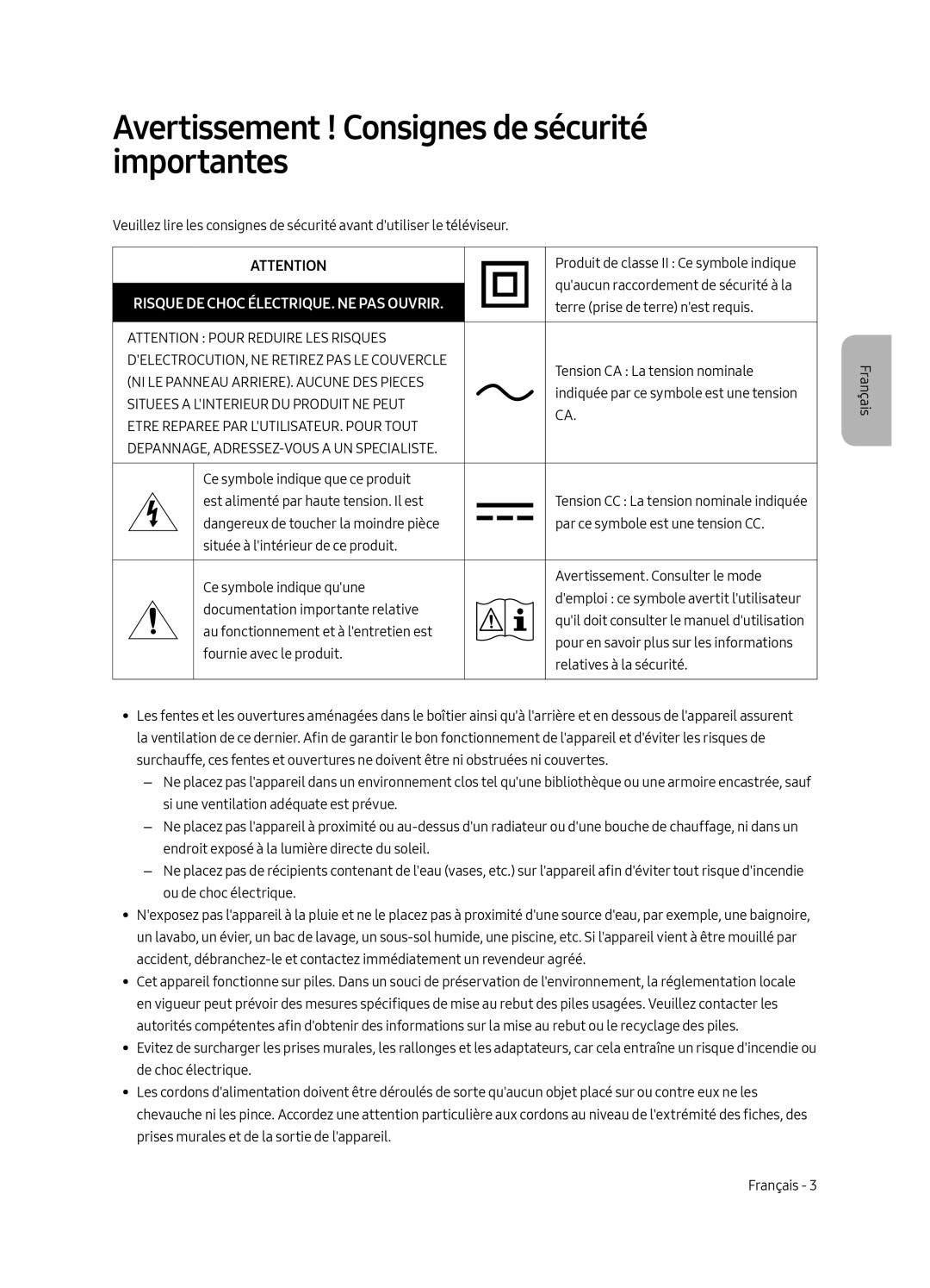 Samsung QE65Q9FAMTXXH manual Avertissement ! Consignes de sécurité importantes, Risque DE Choc ÉLECTRIQUE. NE PAS Ouvrir 