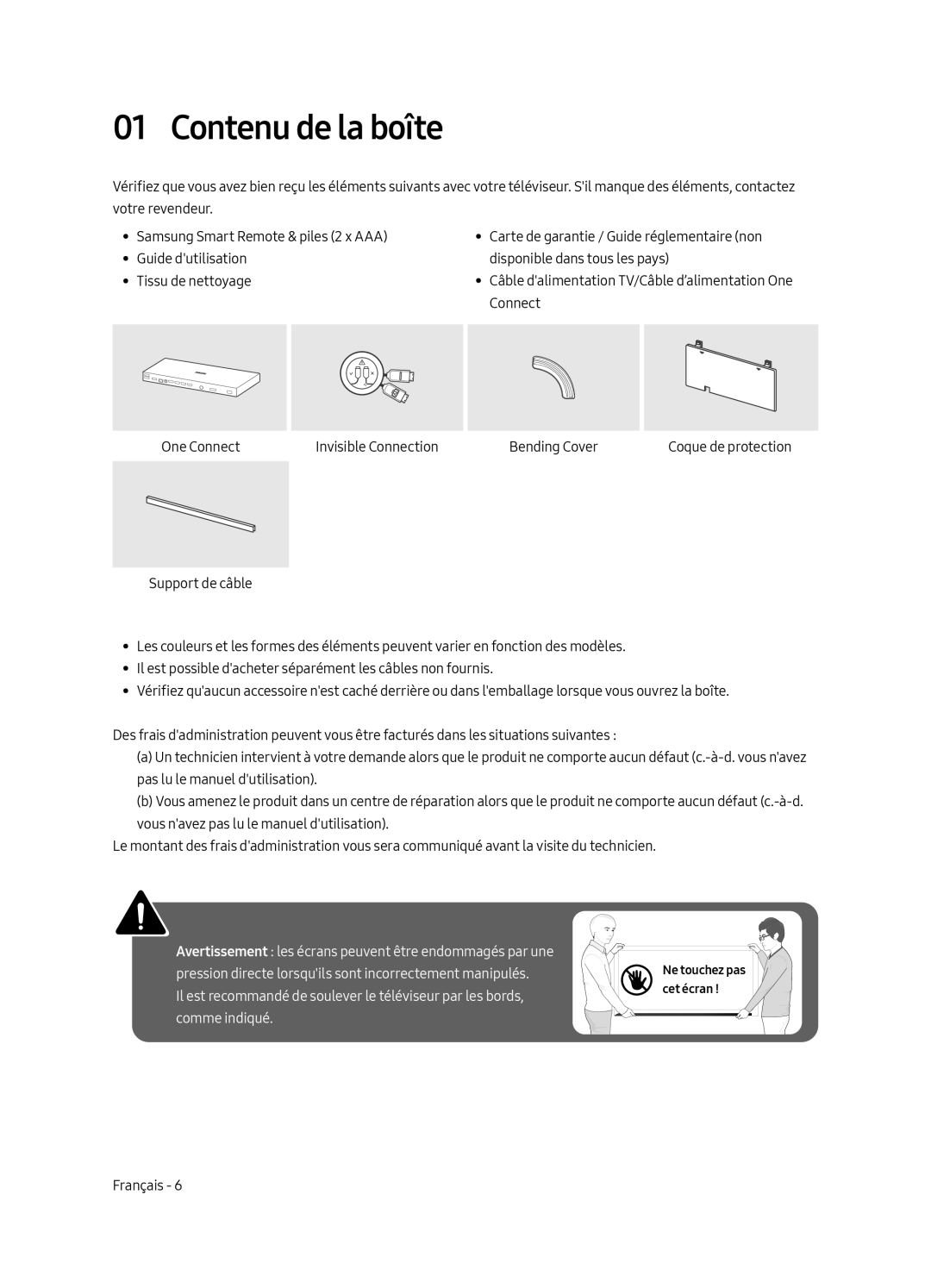 Samsung QE88Q9FGMTXZG, QE65Q9FGMTXZG, QE65Q9FAMTXXH, QE65Q9FAMTXZG, QE88Q9FAMTXXH manual Contenu de la boîte 