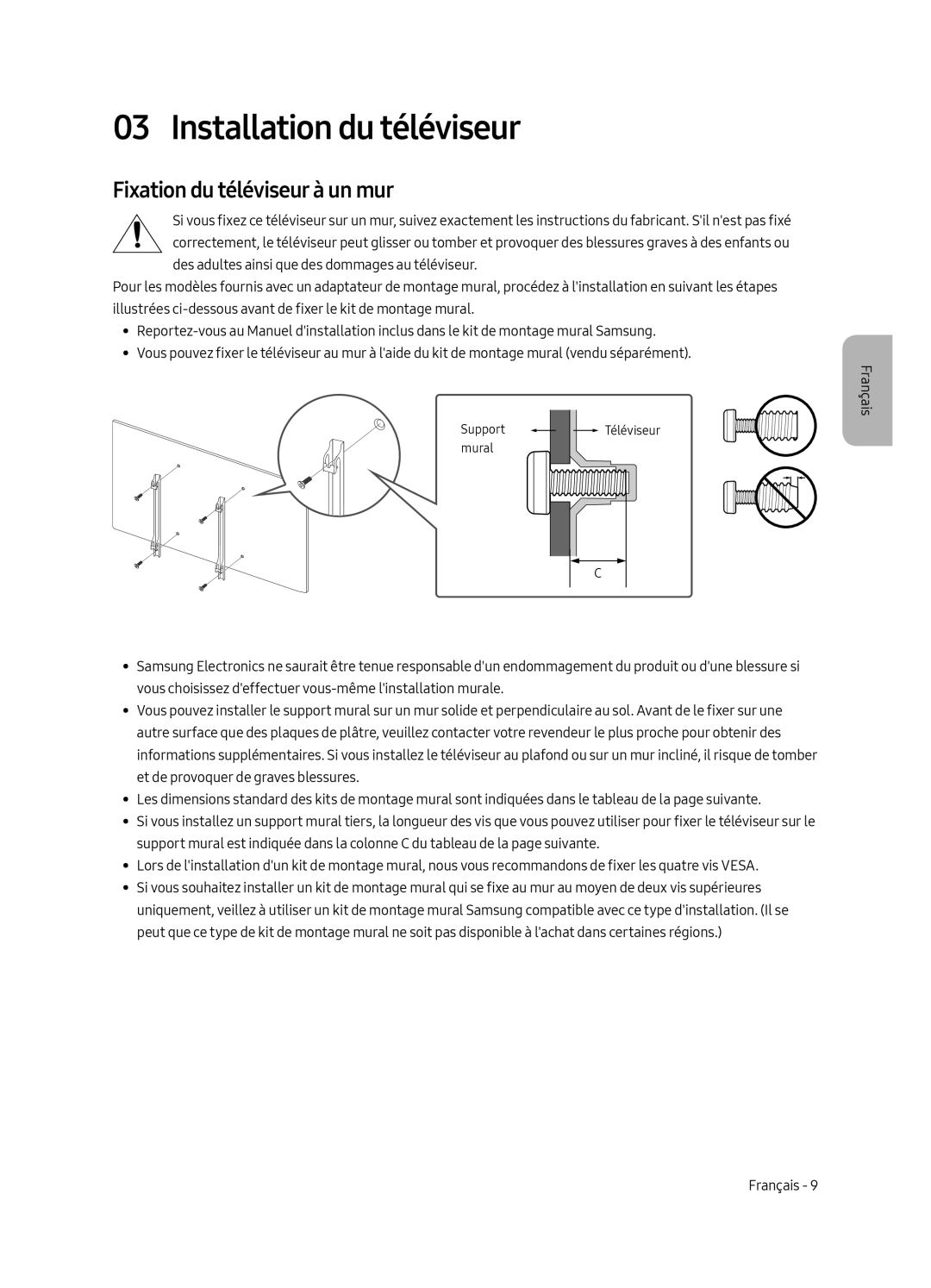 Samsung QE65Q9FAMTXZG, QE88Q9FGMTXZG, QE65Q9FGMTXZG manual Installation du téléviseur, Fixation du téléviseur à un mur 