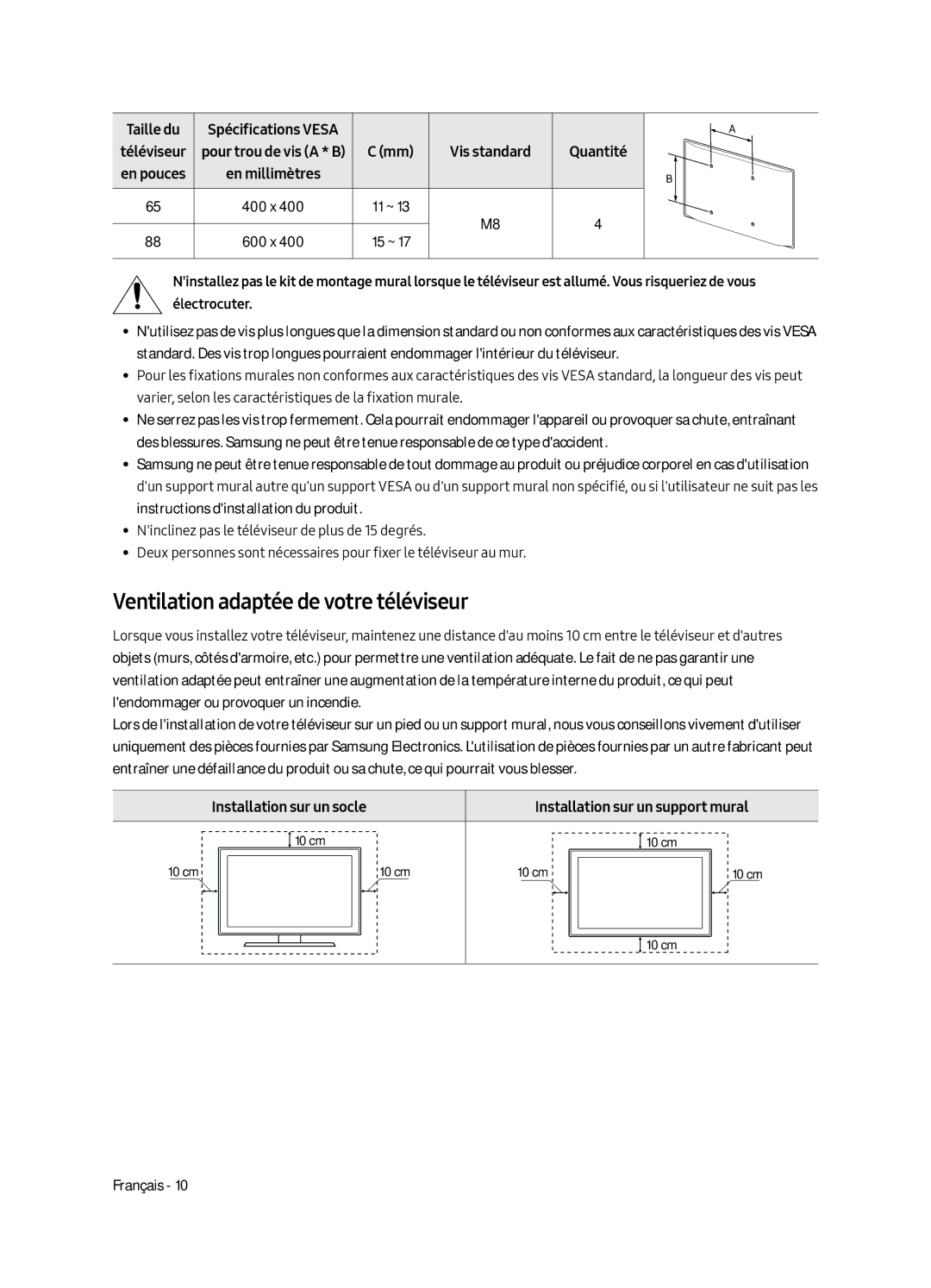 Samsung QE88Q9FAMTXXH manual Ventilation adaptée de votre téléviseur, Taille du, En millimètres, Installation sur un socle 