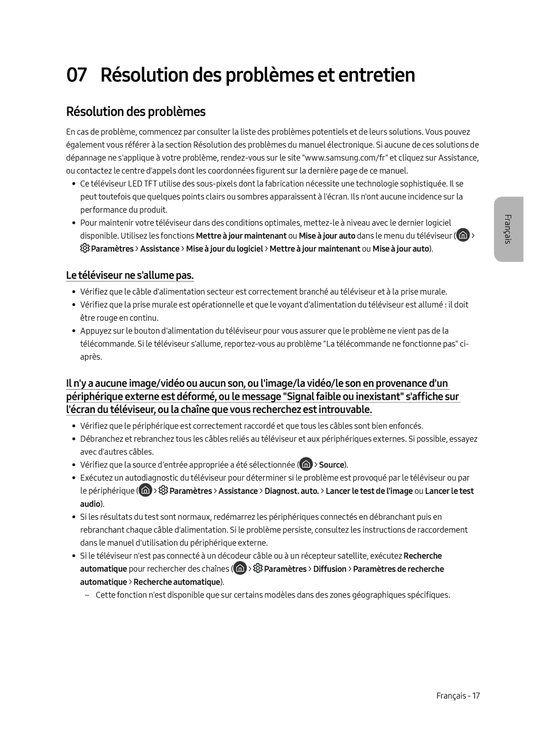 Samsung QE65Q9FGMTXZG, QE88Q9FGMTXZG, QE65Q9FAMTXXH 07 Résolution des problèmes et entretien, Le téléviseur ne sallume pas 