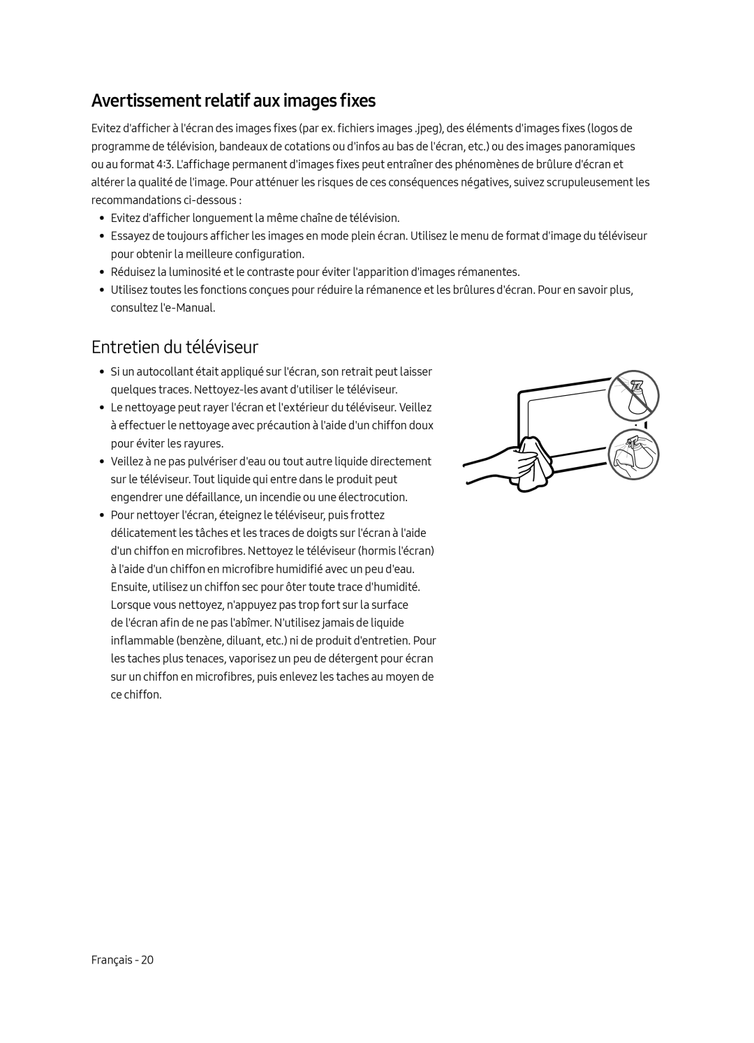 Samsung QE88Q9FAMTXXH, QE88Q9FGMTXZG, QE65Q9FGMTXZG manual Avertissement relatif aux images fixes, Entretien du téléviseur 