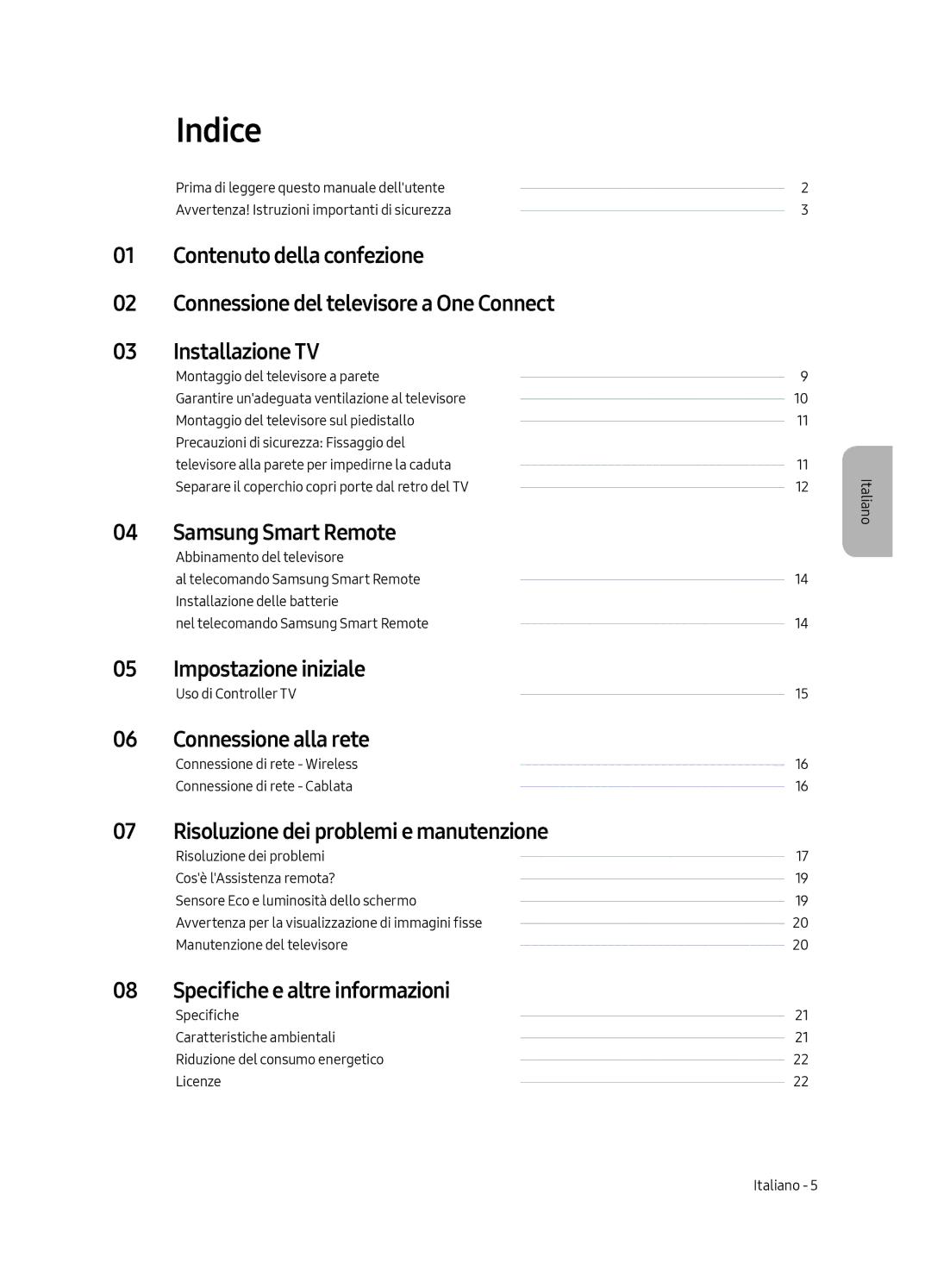 Samsung QE65Q9FGMTXZG manual Indice, Impostazione iniziale, Connessione alla rete, Risoluzione dei problemi e manutenzione 